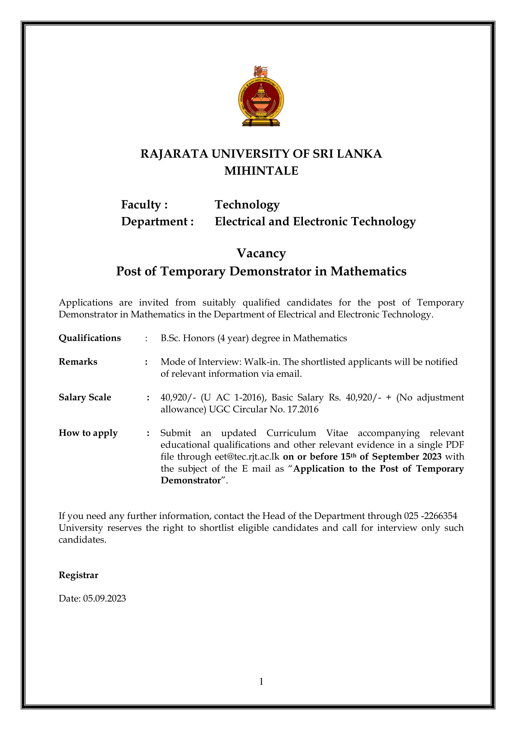 Demonstrator - Rajarata University of Sri Lanka