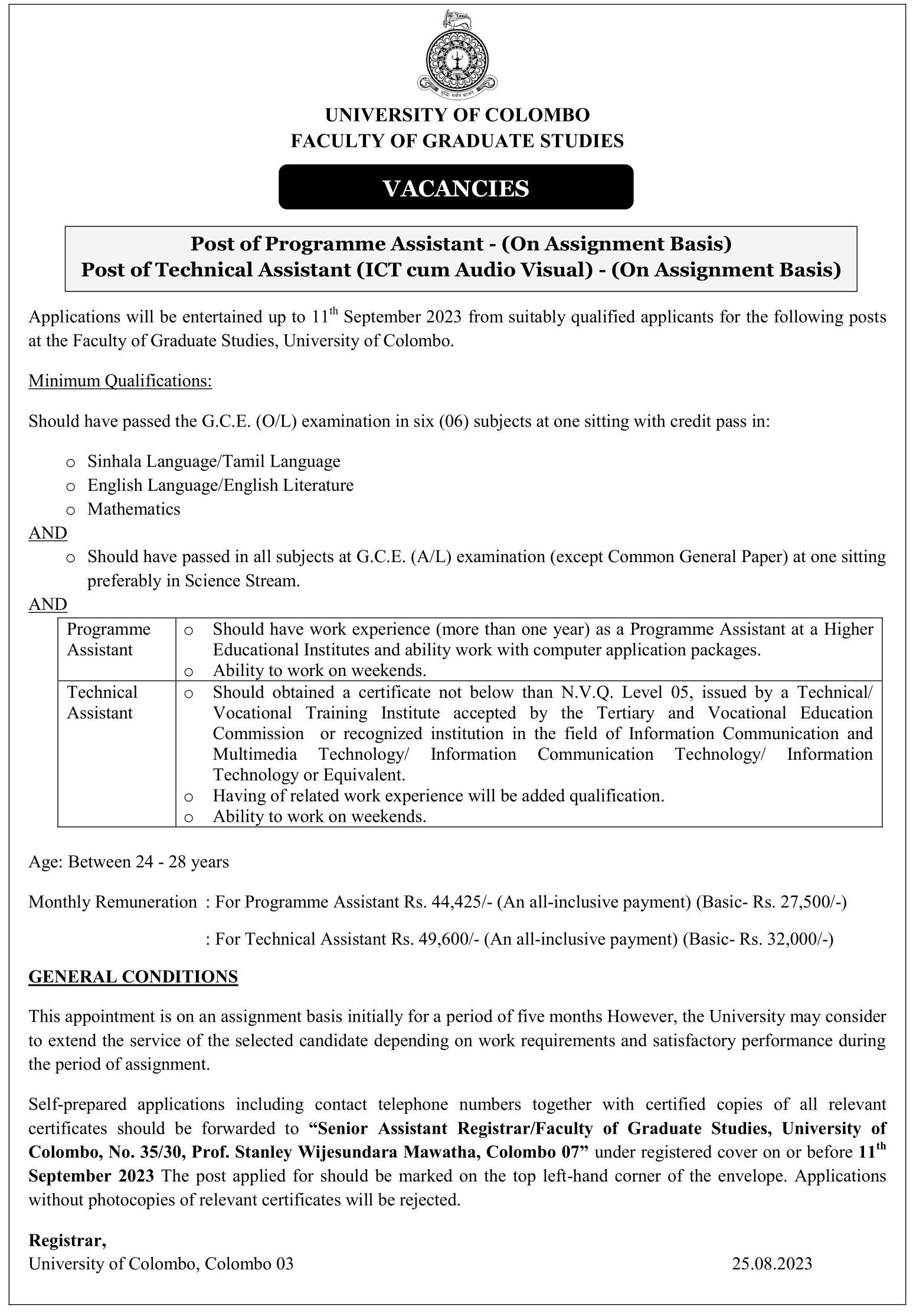 Programme Assistant, Technical Assistant - University of Colombo