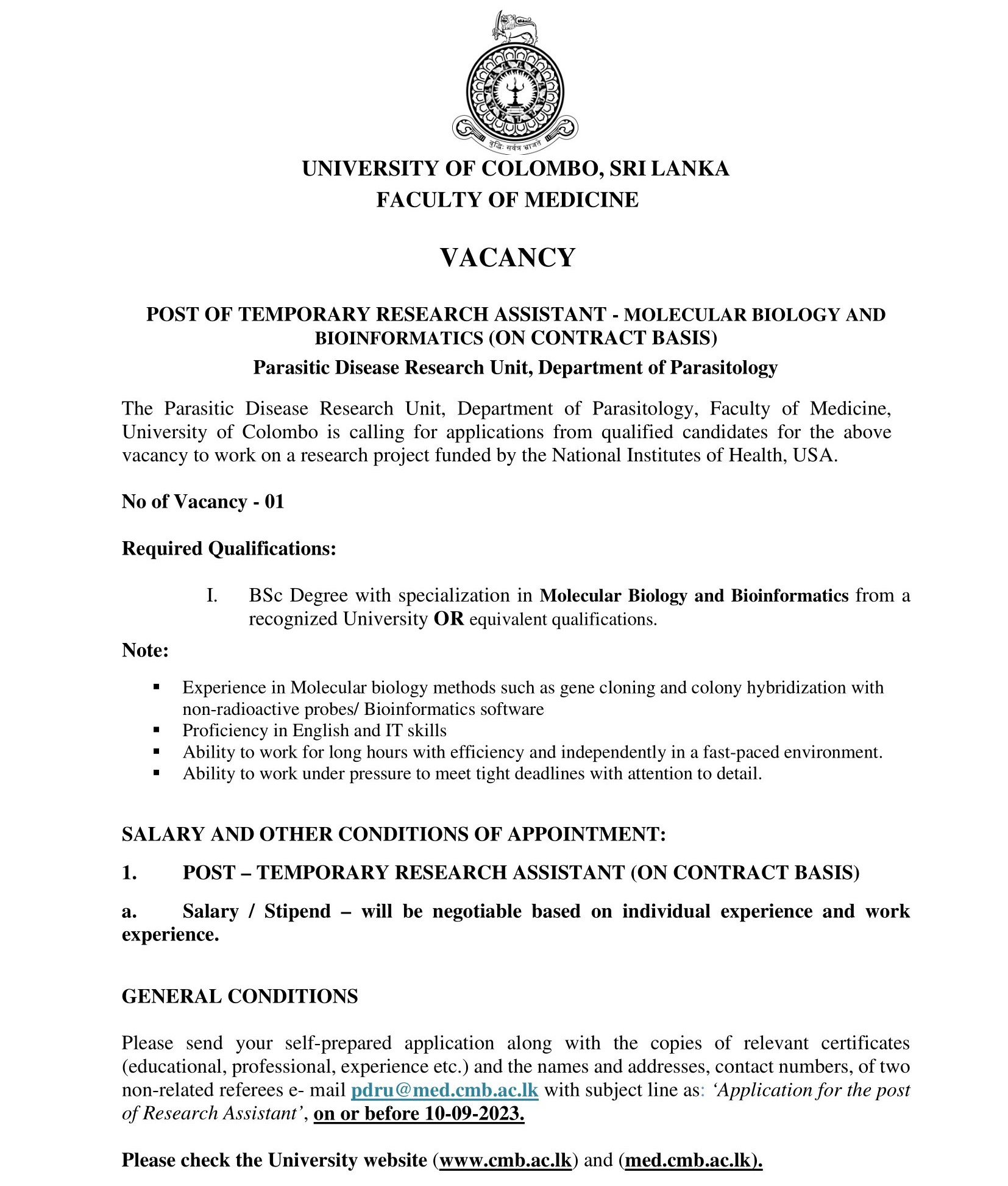 Research Assistant - University of Colombo