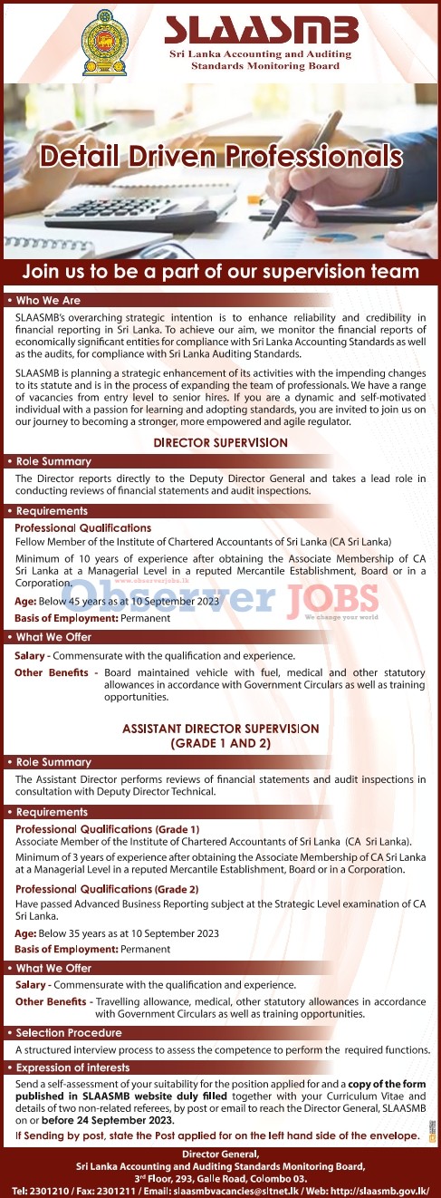 Director Supervision, Assistant Director Supervision - Sri Lanka Accounting & Auditing Standards Monitoring Board