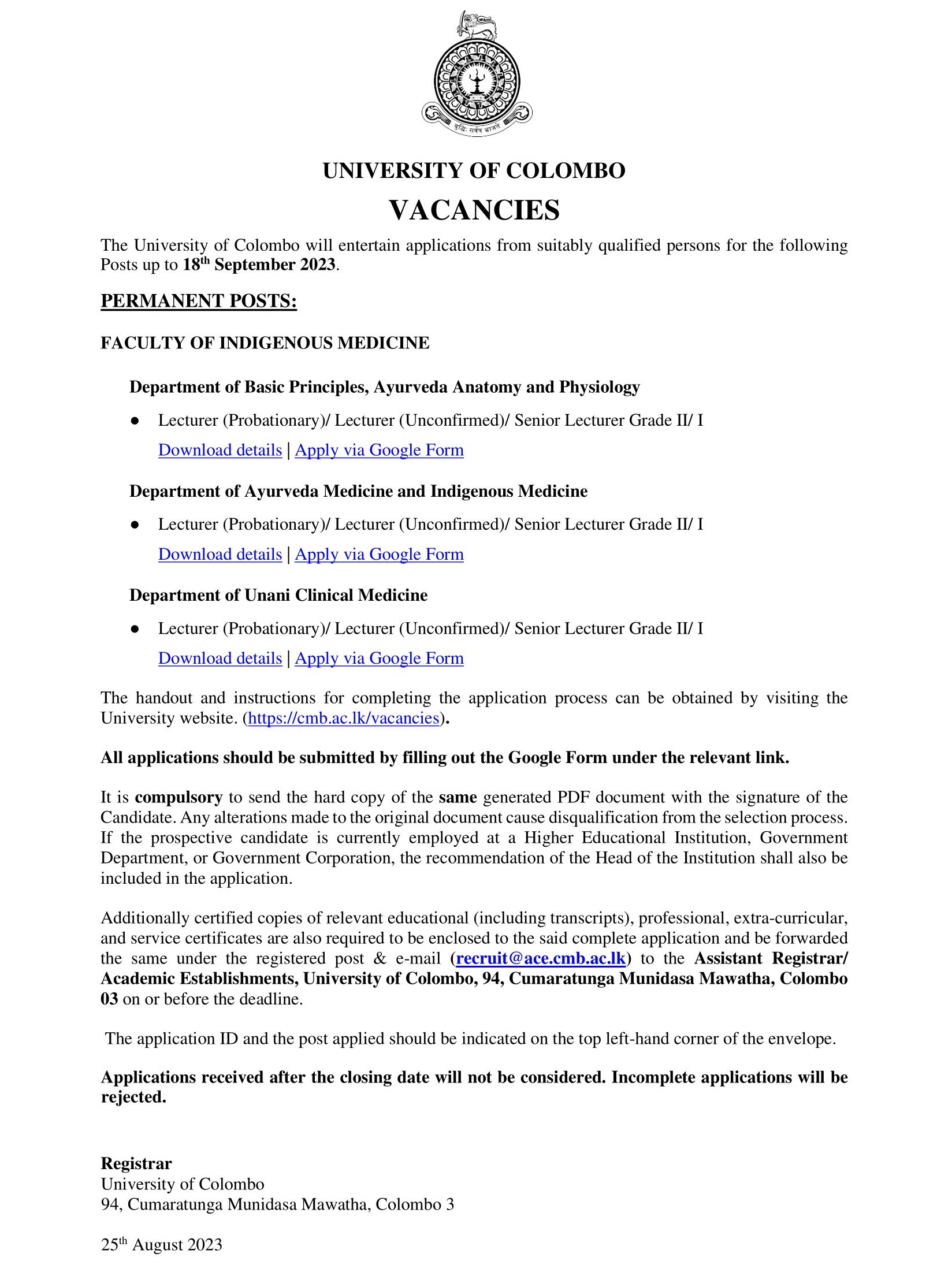 Lecturer, Senior Lecturer - University of Colombo