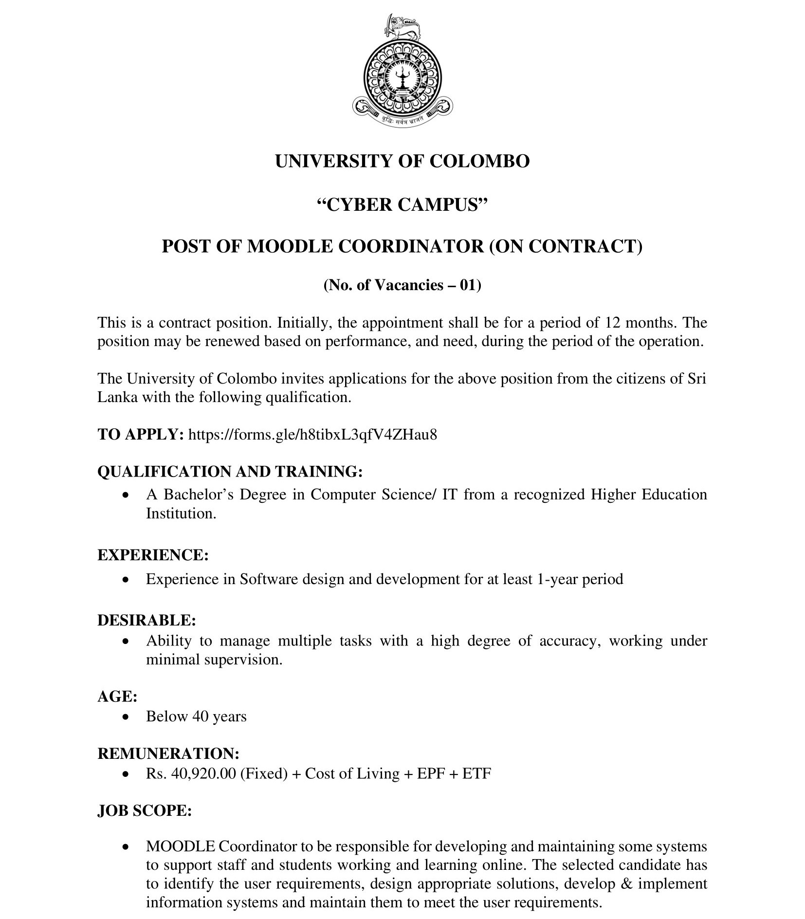 Moodle Coordinator - University of Colombo