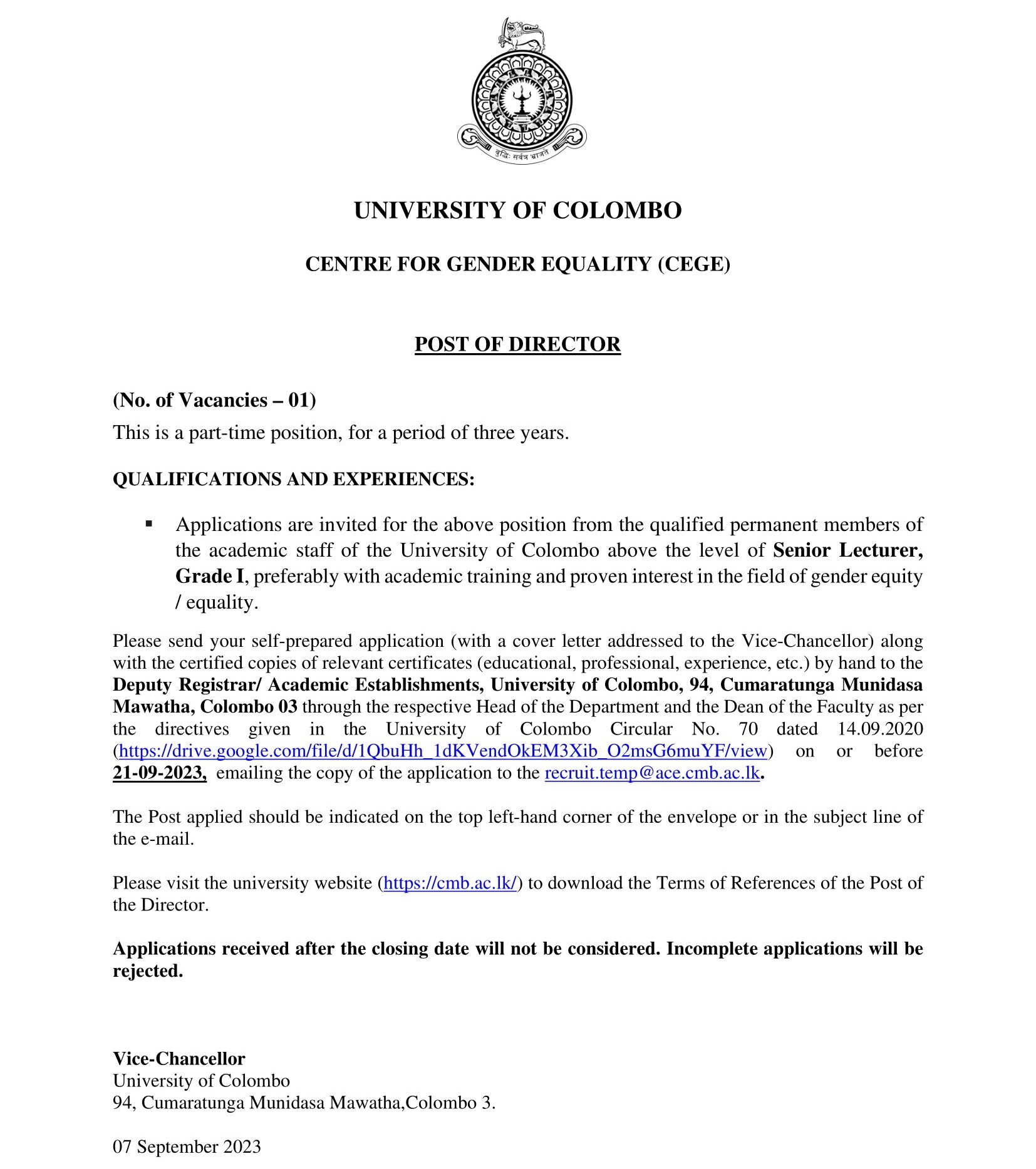 Director - University of Colombo