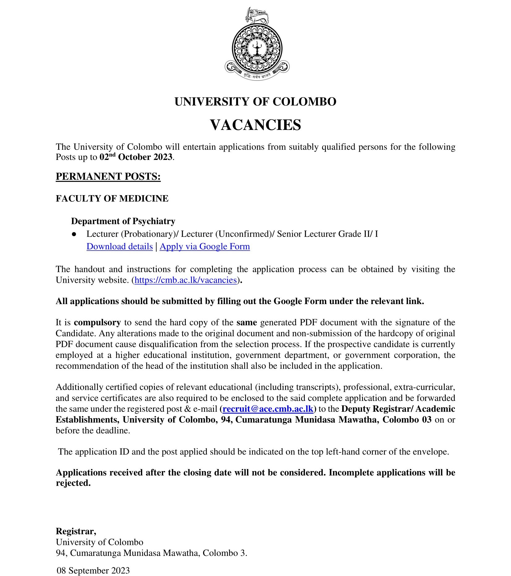 Lecturer, Senior Lecturer - University of Colombo