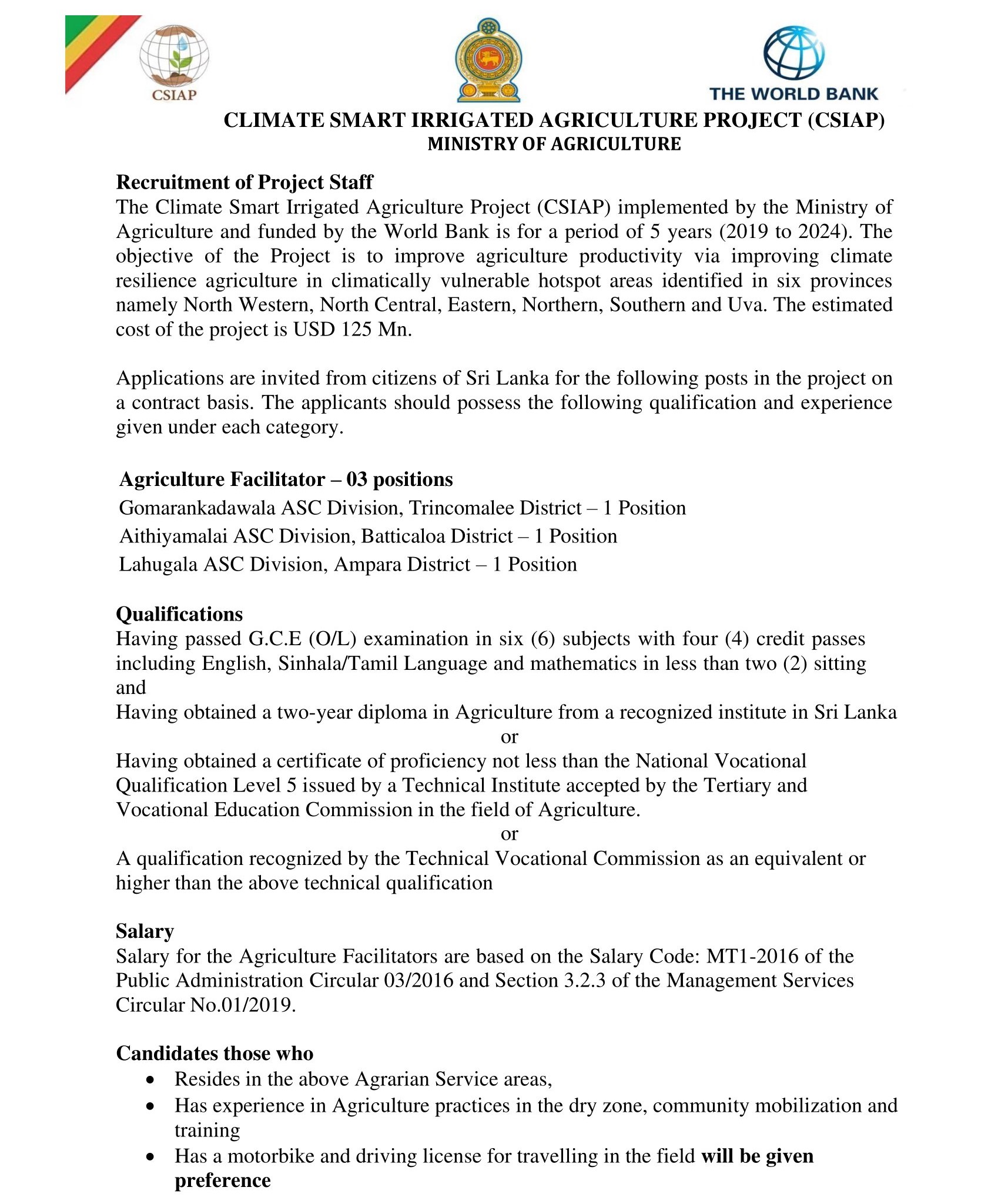  Agriculture Facilitator - Climate Smart Irrigated Agriculture Project - Ministry of Agriculture