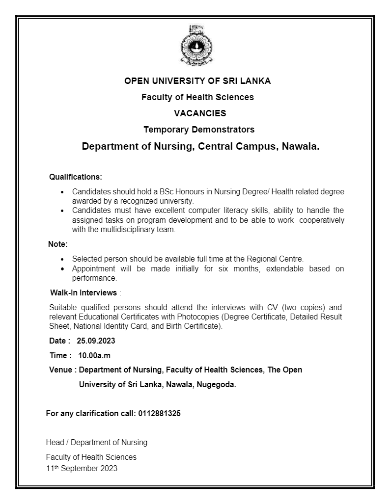 Academic Coordinator, Demonstrator - The Open University of Sri Lanka