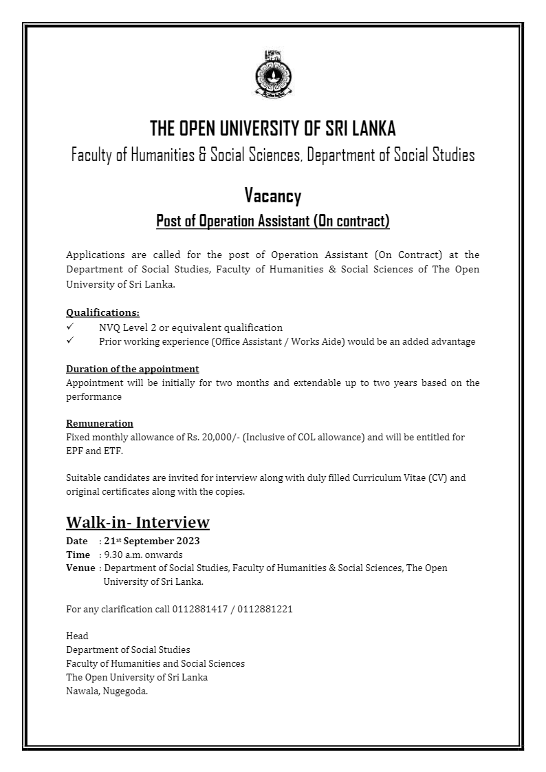 Operation Assistant - The Open University of Sri Lanka