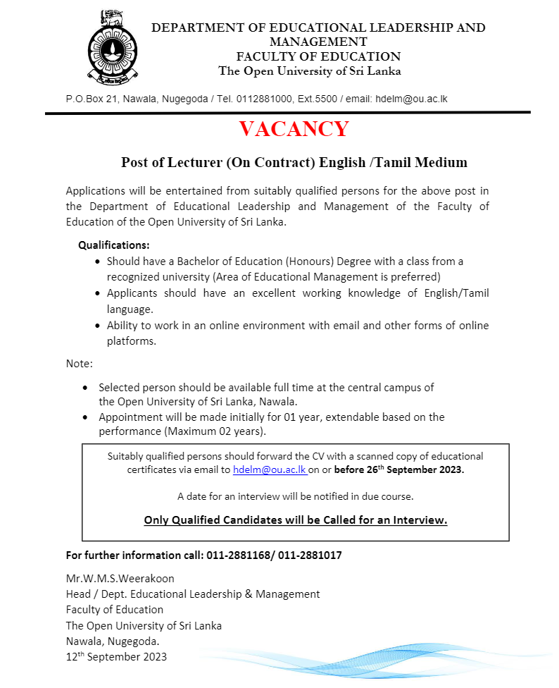 Lecturer, Academic Coordinator - The Open University of Sri Lanka