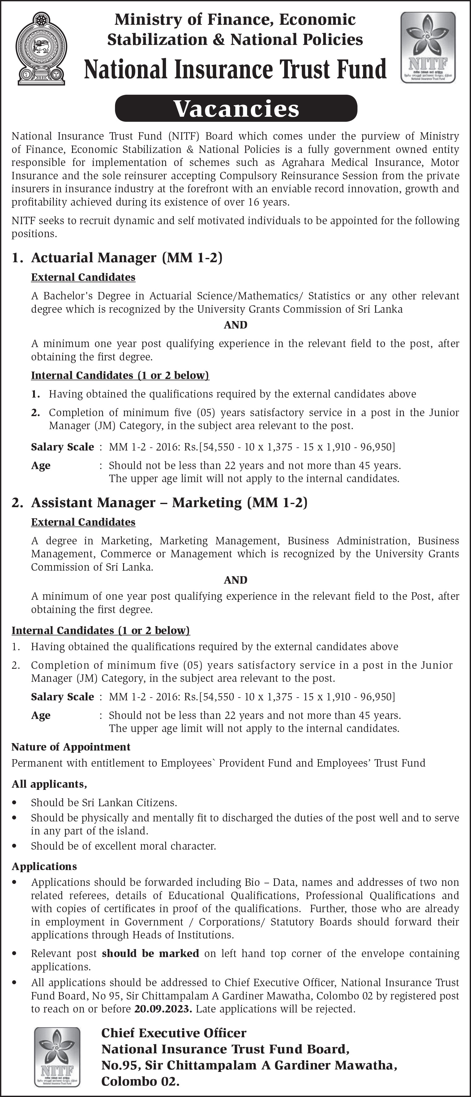 Actuarial Manager, Assistant Manager - National Insurance Trust Fund