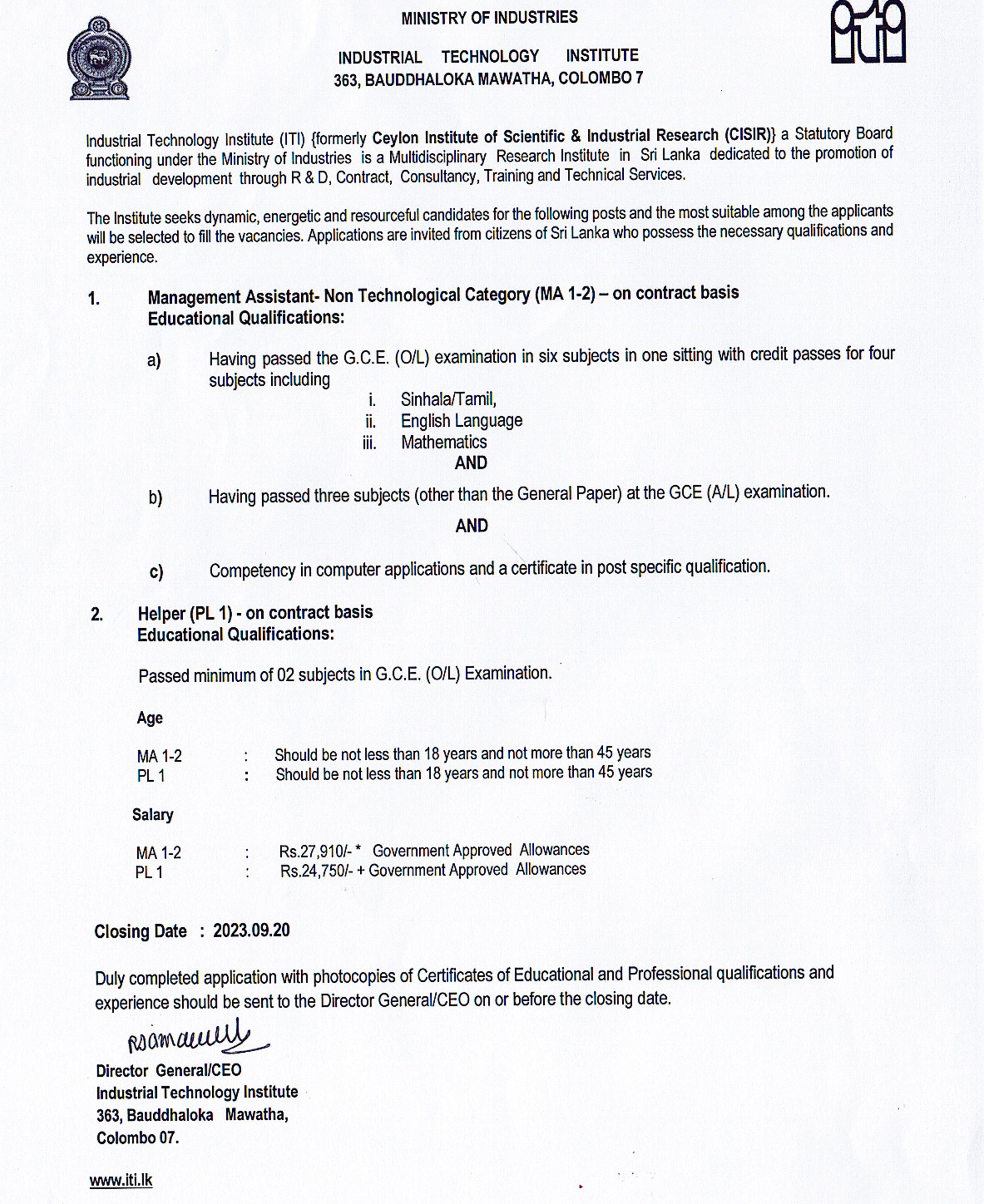 Management Assistant - Industrial Technology Institute