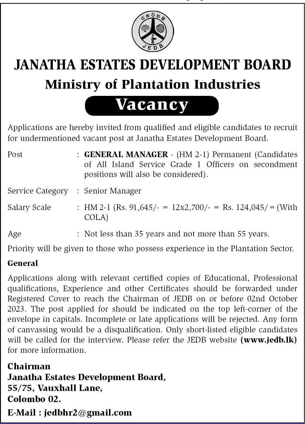 General Manager - Janatha Estates Development Board