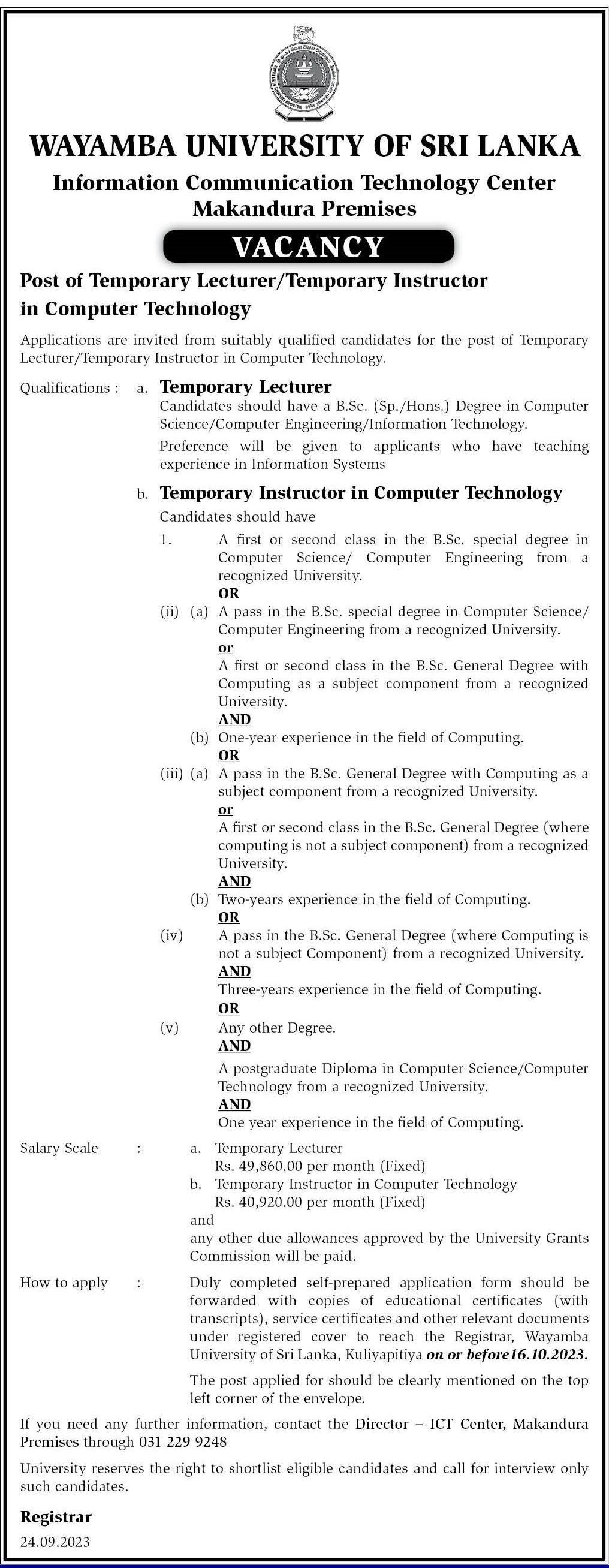 Temporary Lecturer/ Temporary Instructor in Computer Technology - Wayamba University of Sri Lanka