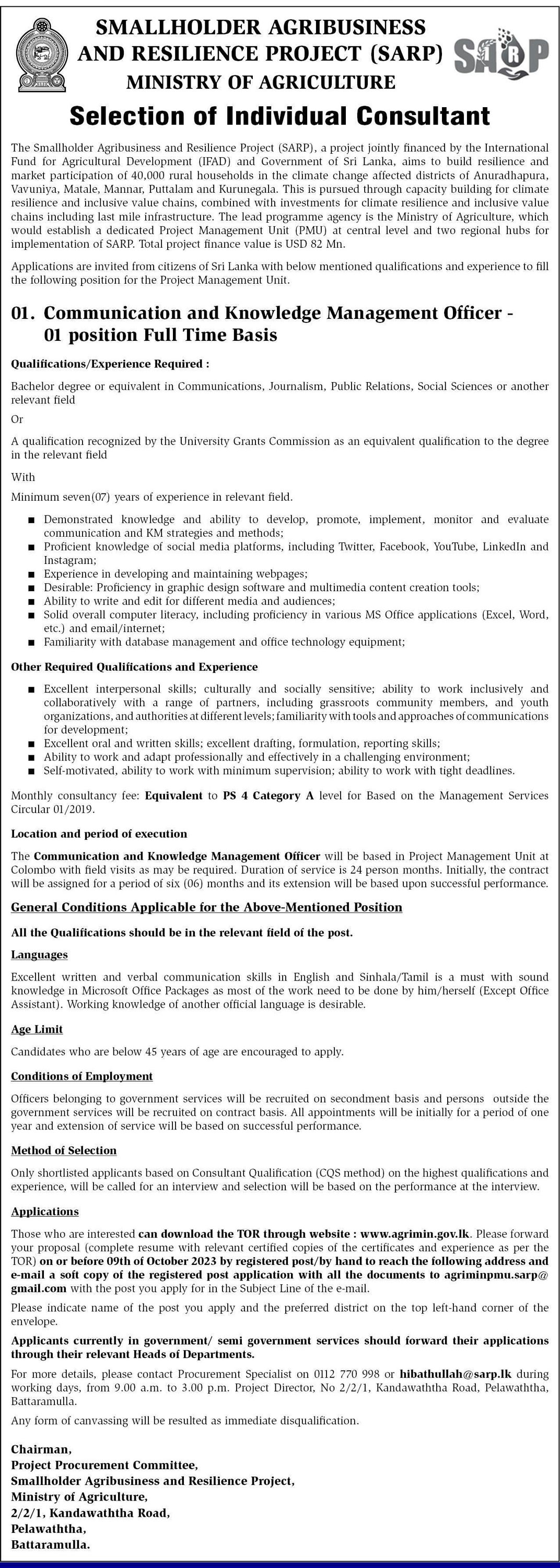 Communication & Knowledge Management Officer - Smallholder Agribusiness & Resilience Project - Ministry of Agriculture