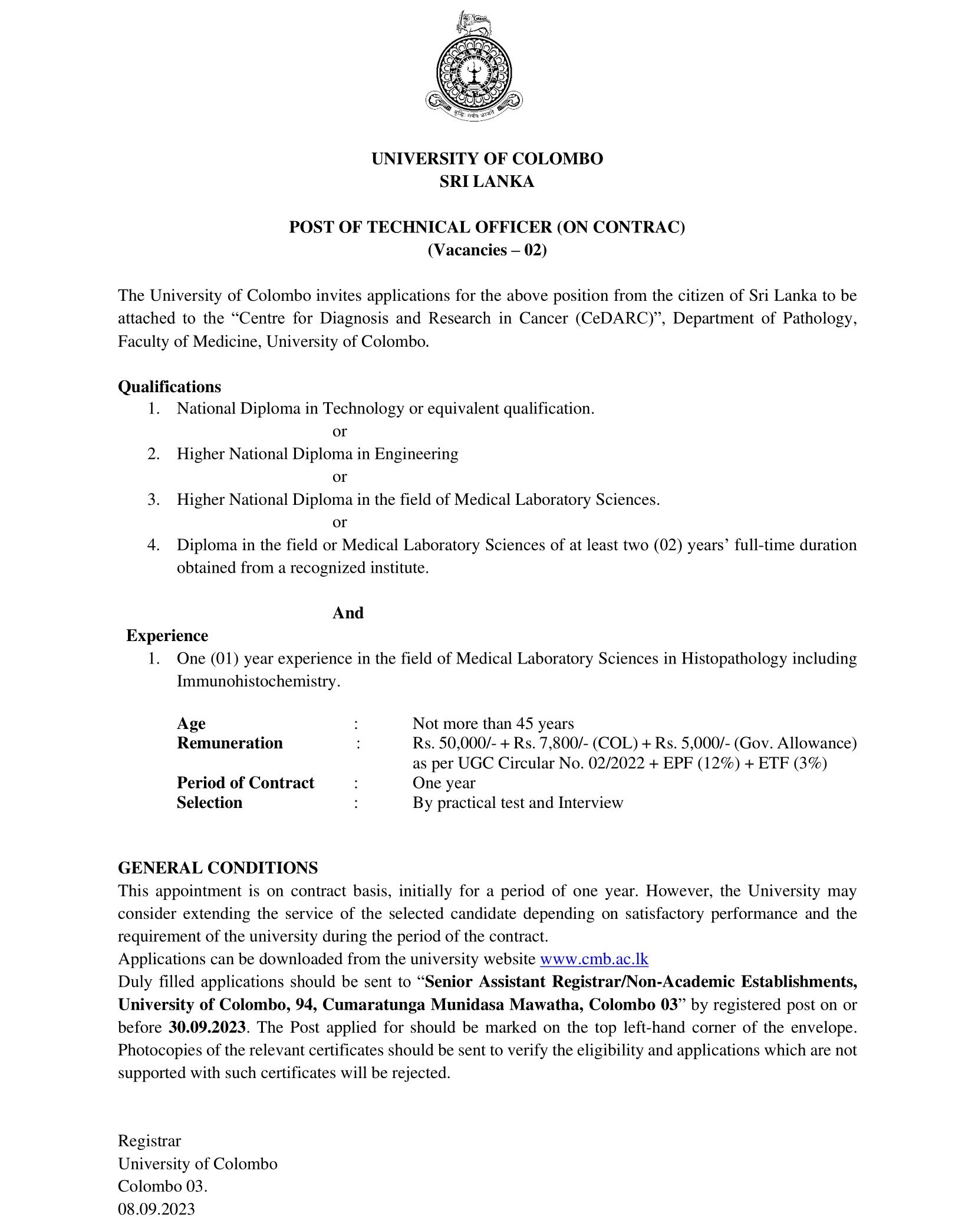 Technical Officer - University of Colombo