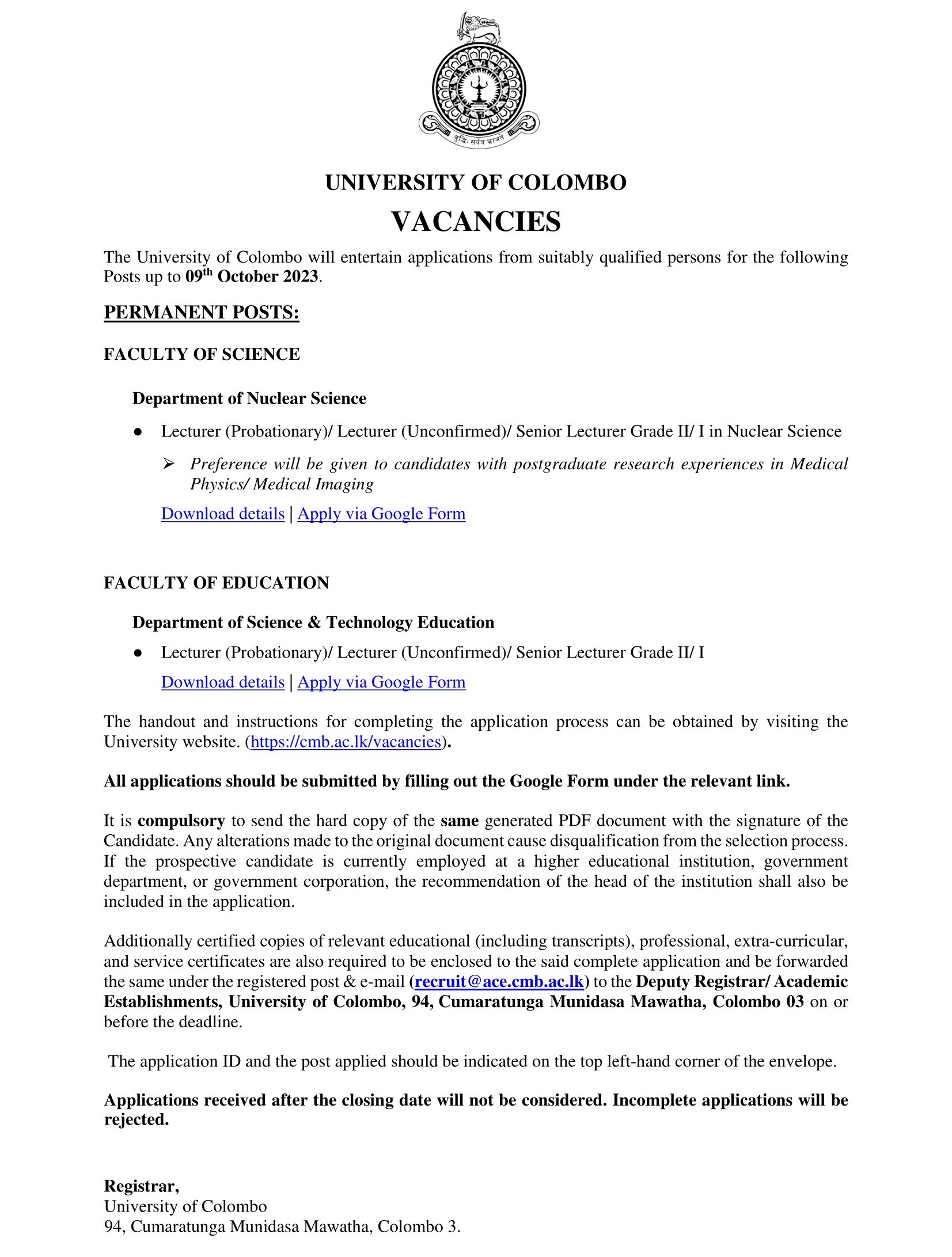 Lecturer, Senior Lecturer - University of Colombo