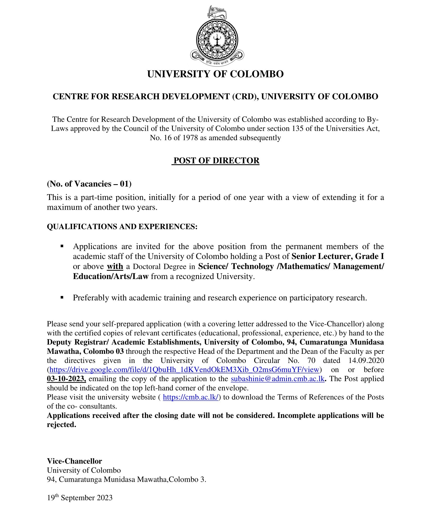 Director - University of Colombo