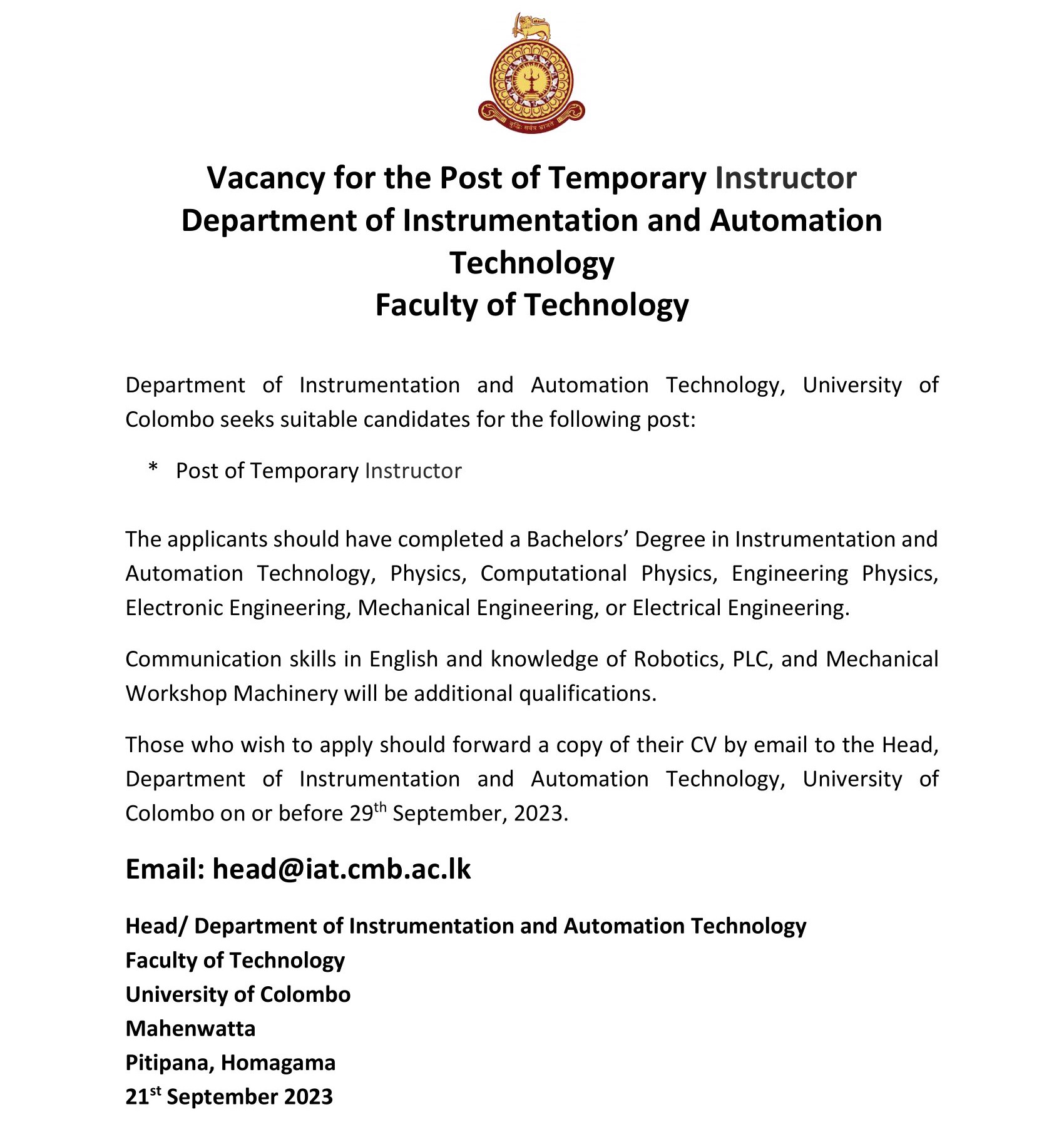 Instructor - University of Colombo