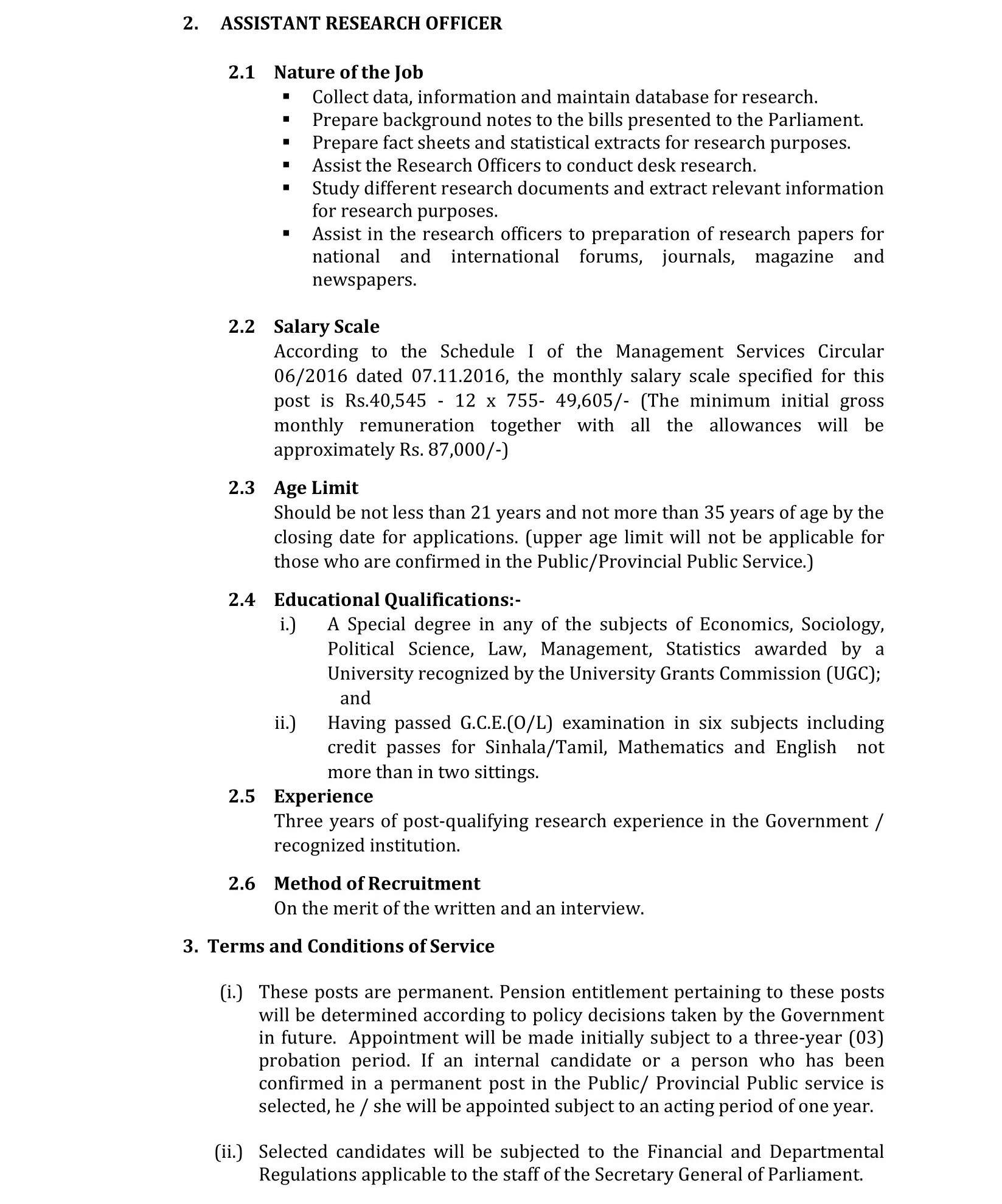 Parliamentary Officer, Assistant Research Officer - Parliament of Sri Lanka