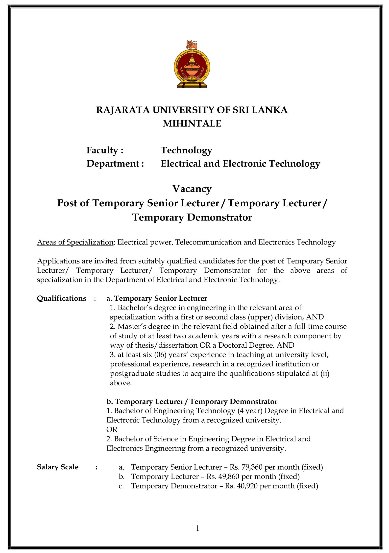 Temporary Senior Lecturer, Temporary Lecturer, Temporary Demonstrator - Rajarata University of Sri Lanka