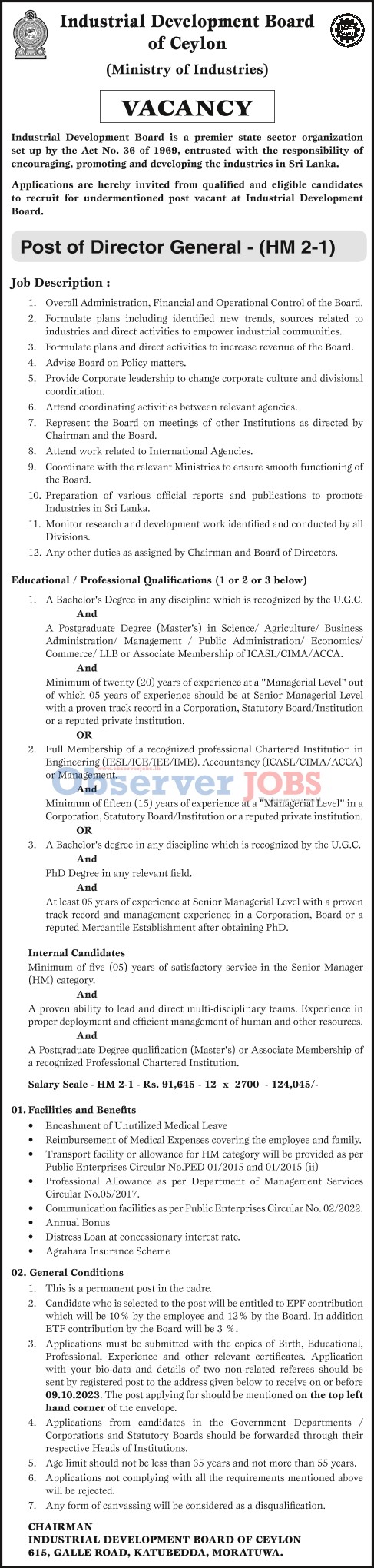 Director General - Industrial Development Board of Ceylon