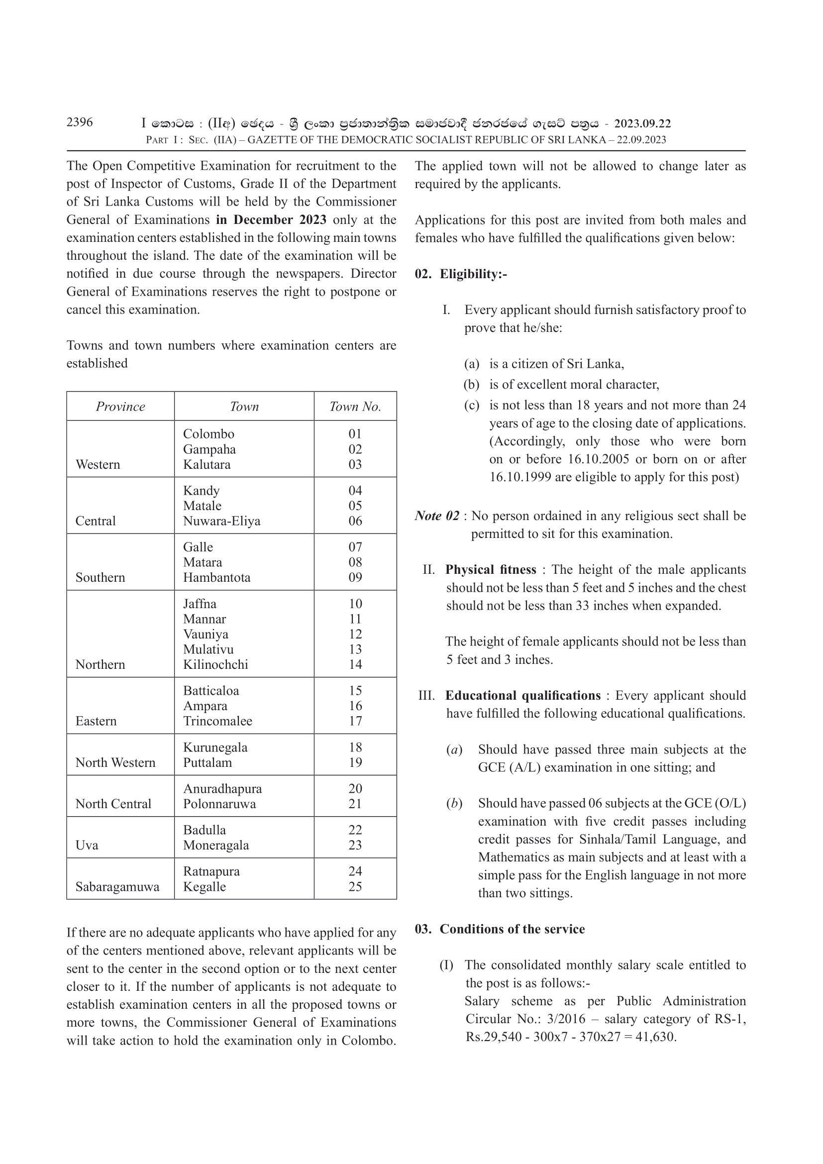 Inspector of Customs (Open) - Department of Sri Lanka Customs