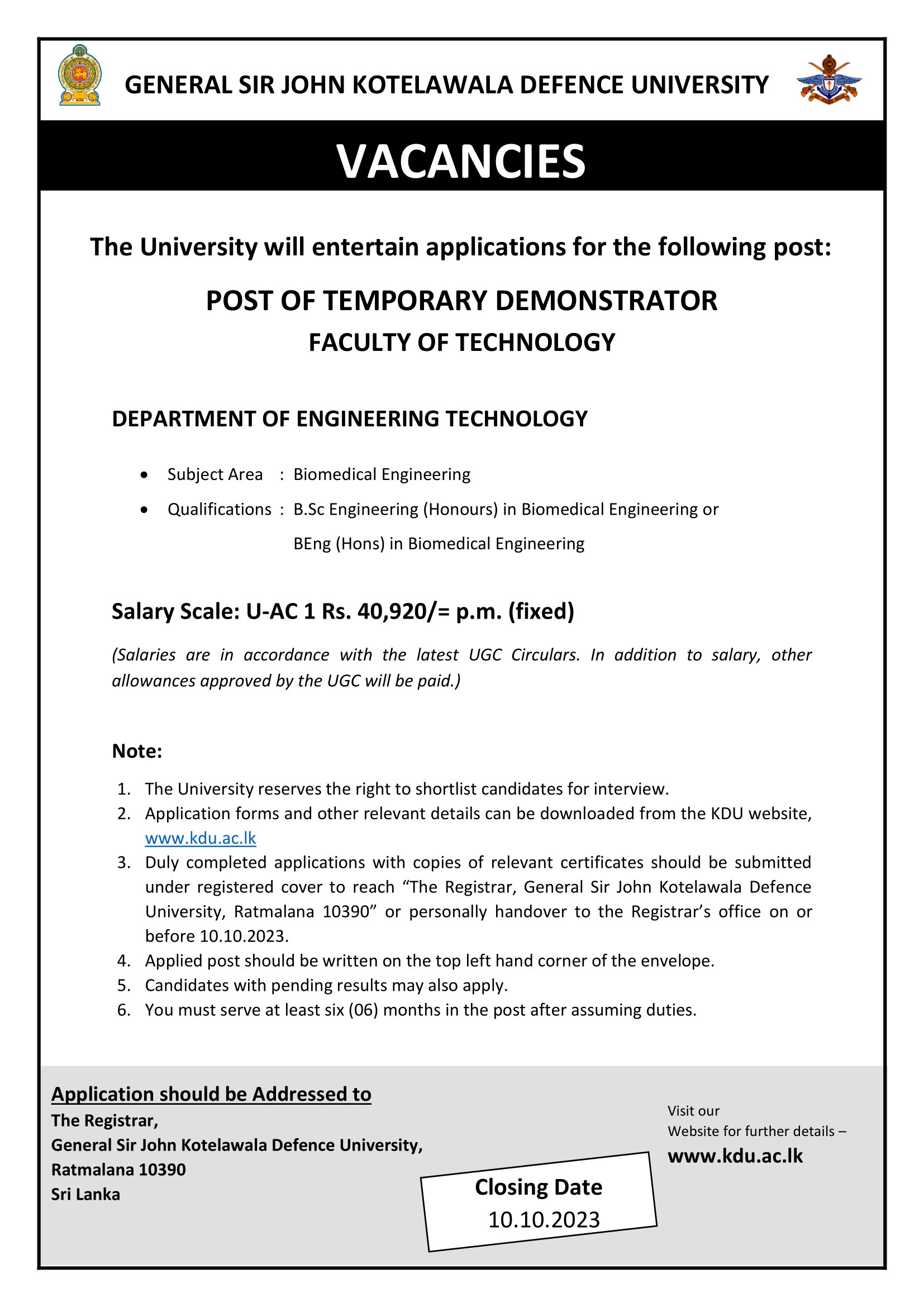 Temporary Demonstrator - General Sir John Kotelawala Defence University