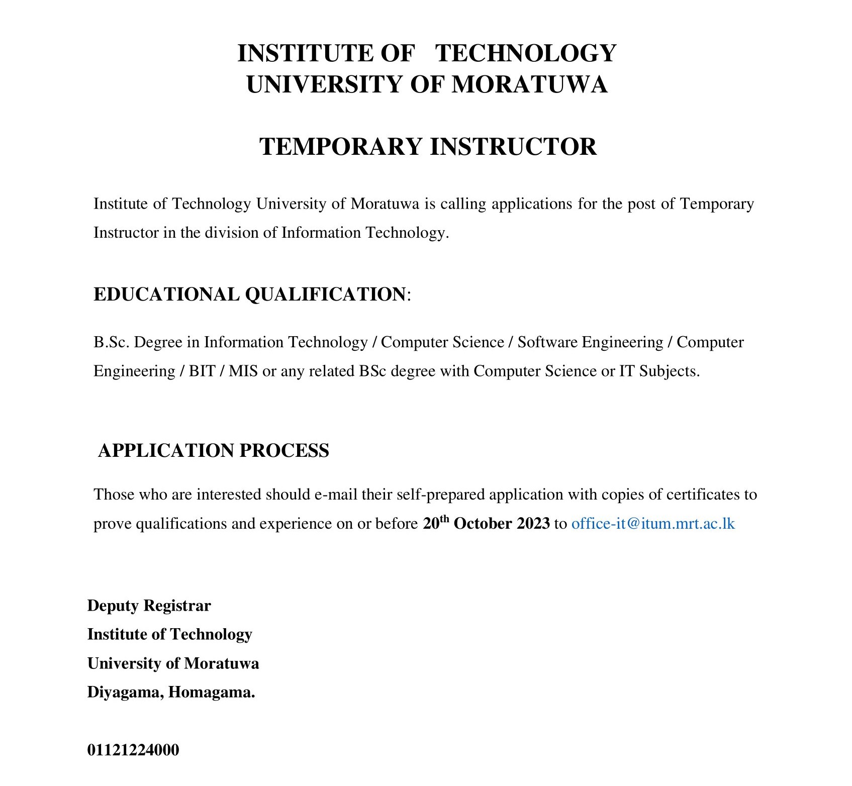 Temporary Instructor - University of Moratuwa