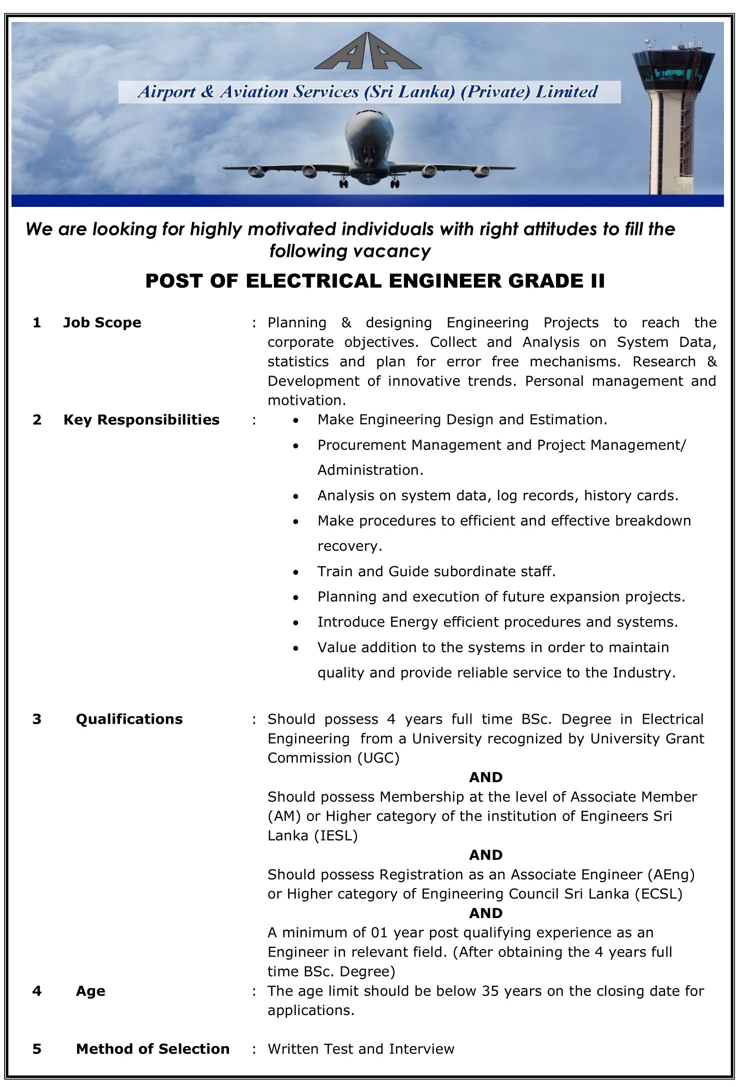 Electrical Engineer, Technical Officer (Electrical) - Airport & Aviation Services (Sri Lanka) (Private) Limited