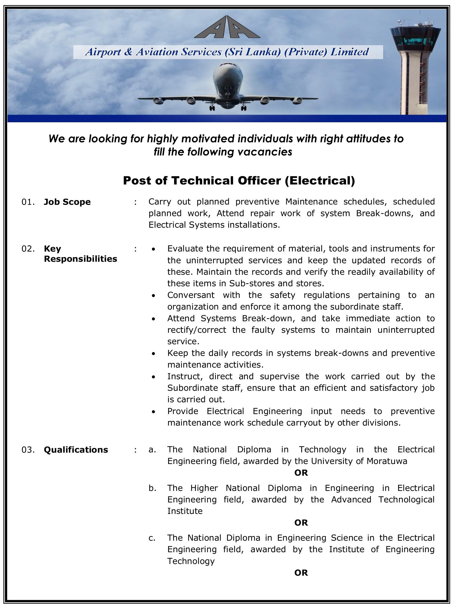 Electrical Engineer, Technical Officer (Electrical) - Airport & Aviation Services (Sri Lanka) (Private) Limited