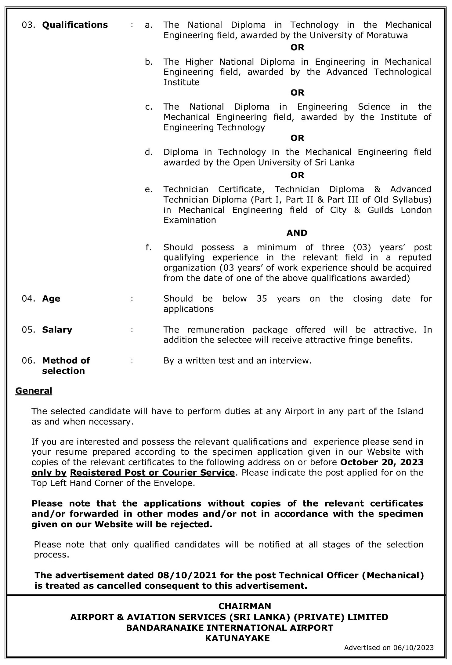 Technical Officer (Mechanical), Network Administrator, Software Developer - Airport & Aviation Services (Sri Lanka) (Private) Limited