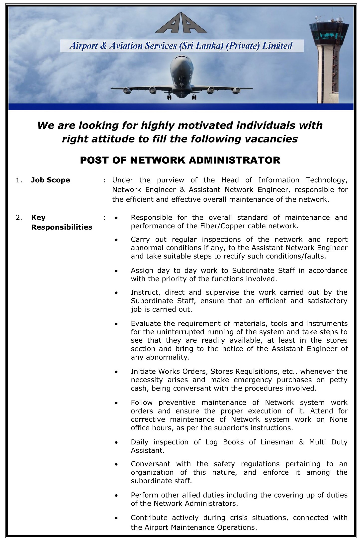 Technical Officer (Mechanical), Network Administrator, Software Developer - Airport & Aviation Services (Sri Lanka) (Private) Limited