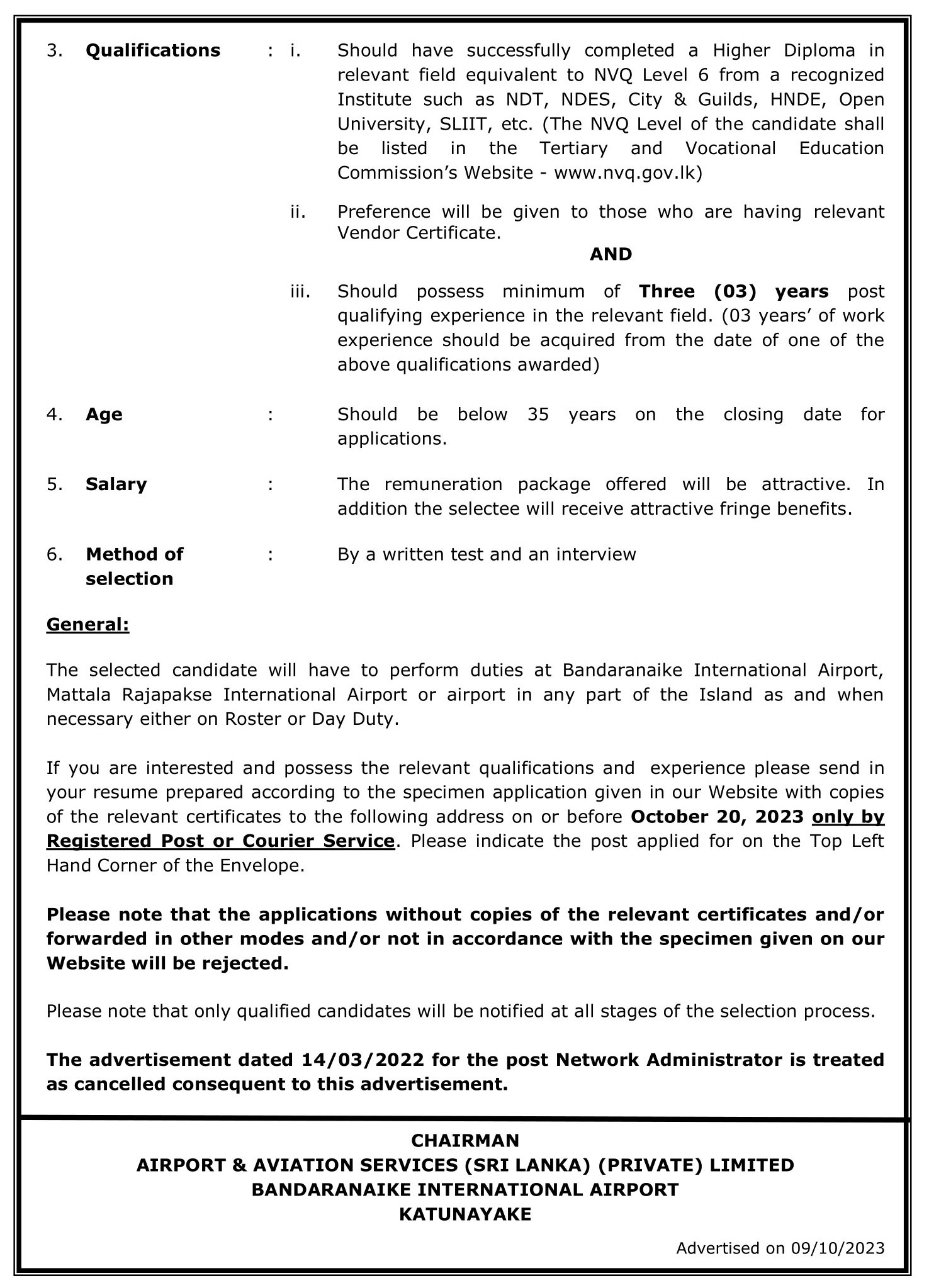 Technical Officer (Mechanical), Network Administrator, Software Developer - Airport & Aviation Services (Sri Lanka) (Private) Limited