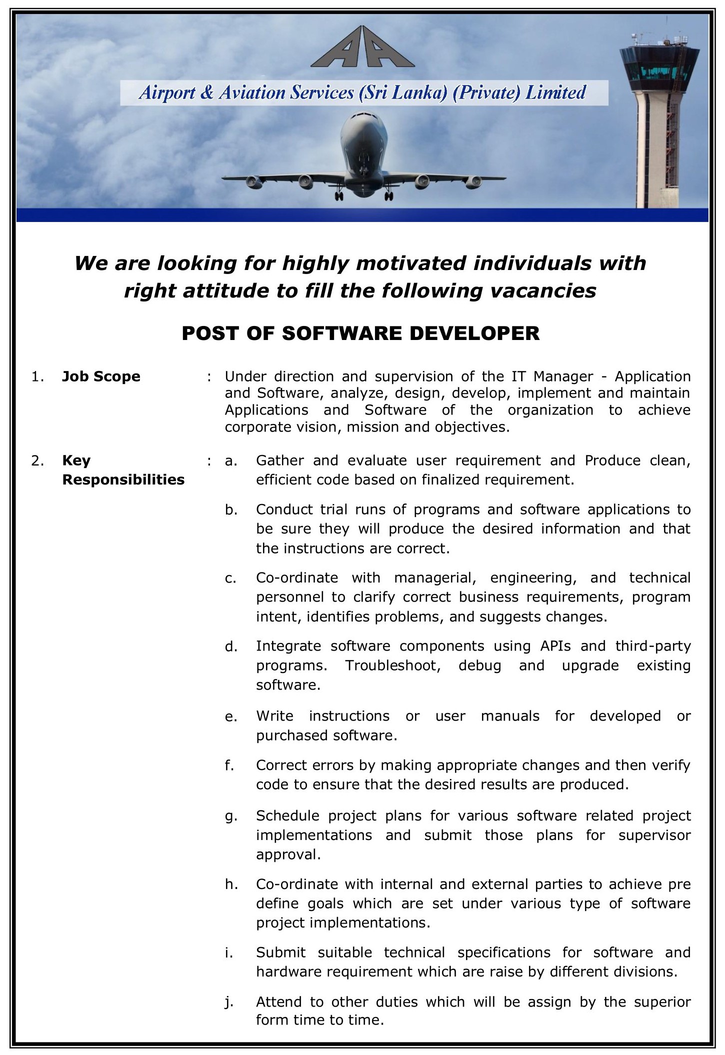 Technical Officer (Mechanical), Network Administrator, Software Developer - Airport & Aviation Services (Sri Lanka) (Private) Limited