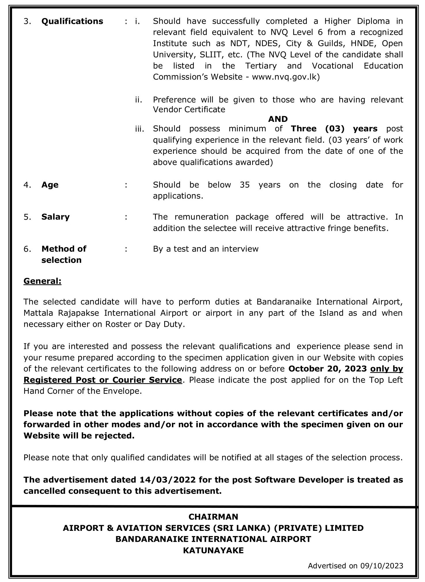 Technical Officer (Mechanical), Network Administrator, Software Developer - Airport & Aviation Services (Sri Lanka) (Private) Limited