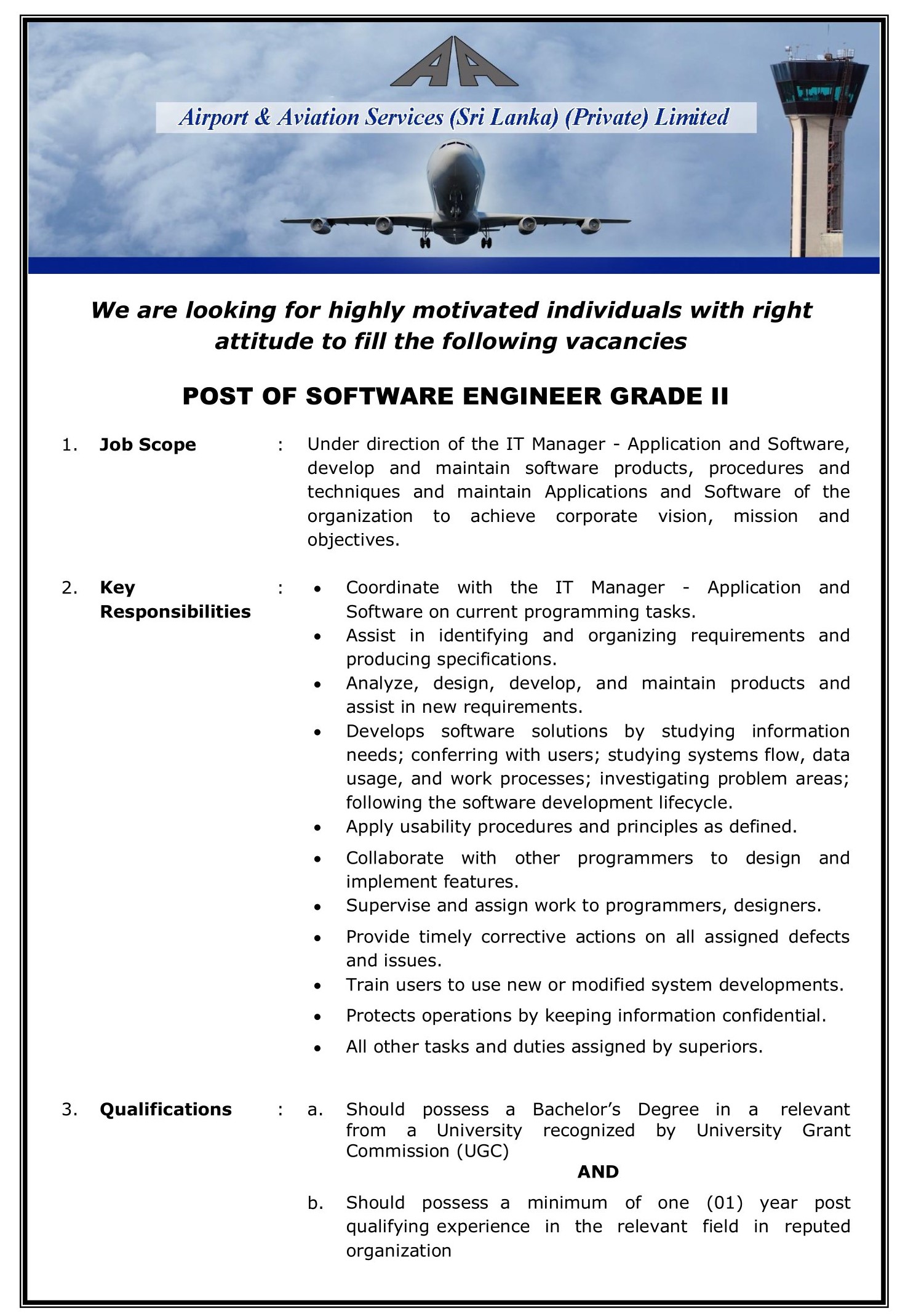  Software Engineer - Airport & Aviation Services (Sri Lanka) (Private) Limited