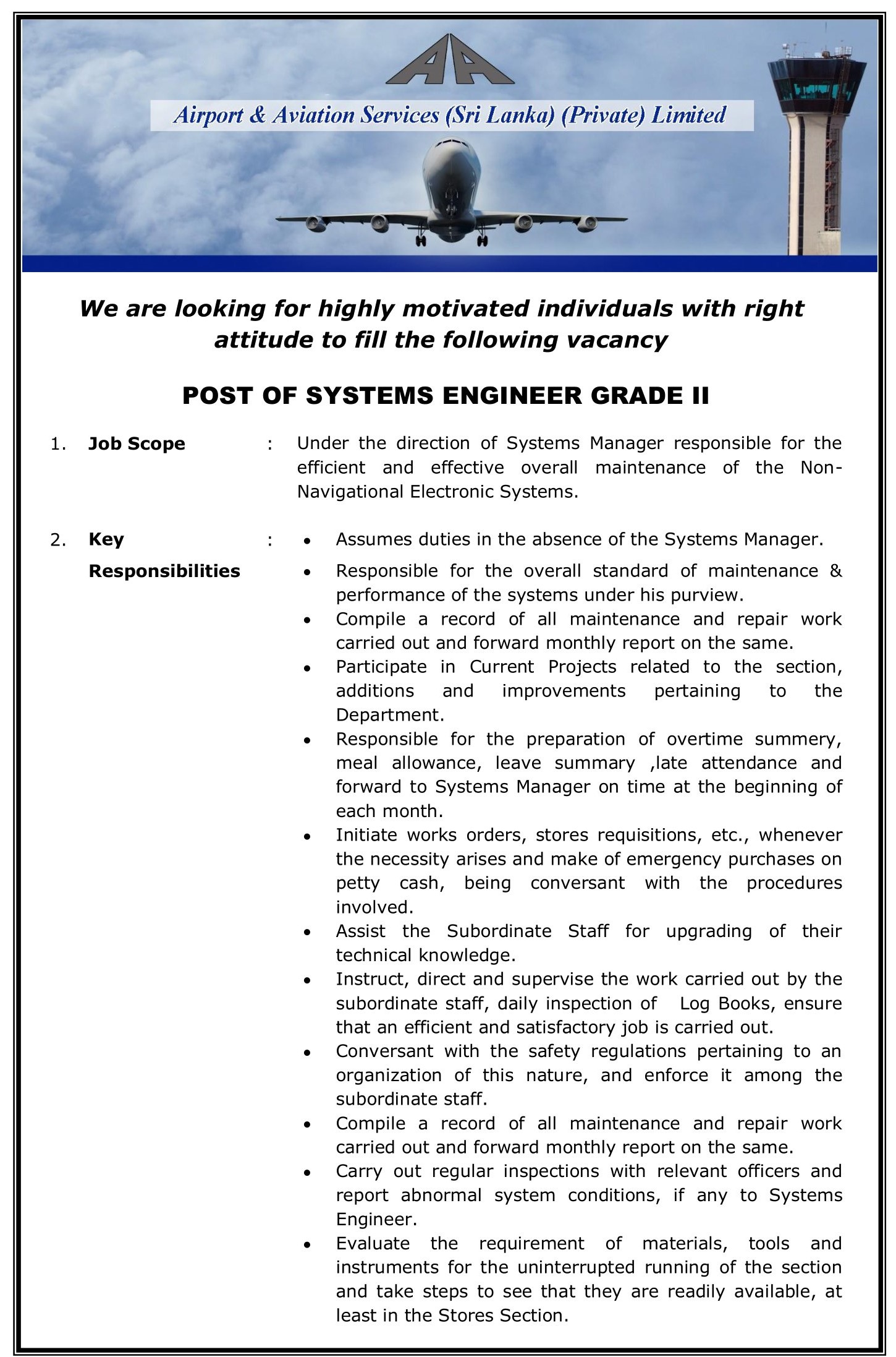  Software Engineer - Airport & Aviation Services (Sri Lanka) (Private) Limited