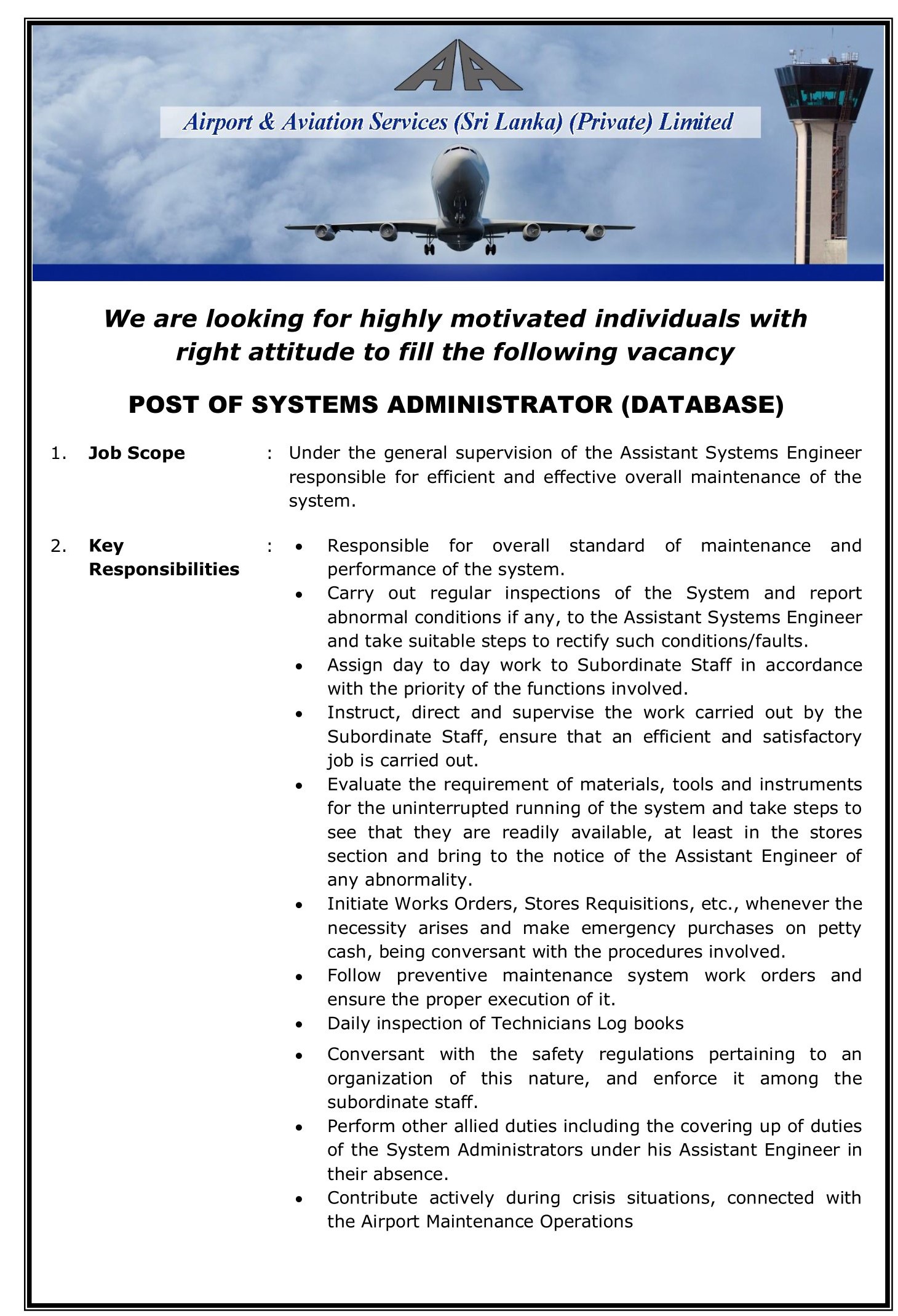 Systems Administrator - Airport & Aviation Services (Sri Lanka) (Private) Limited