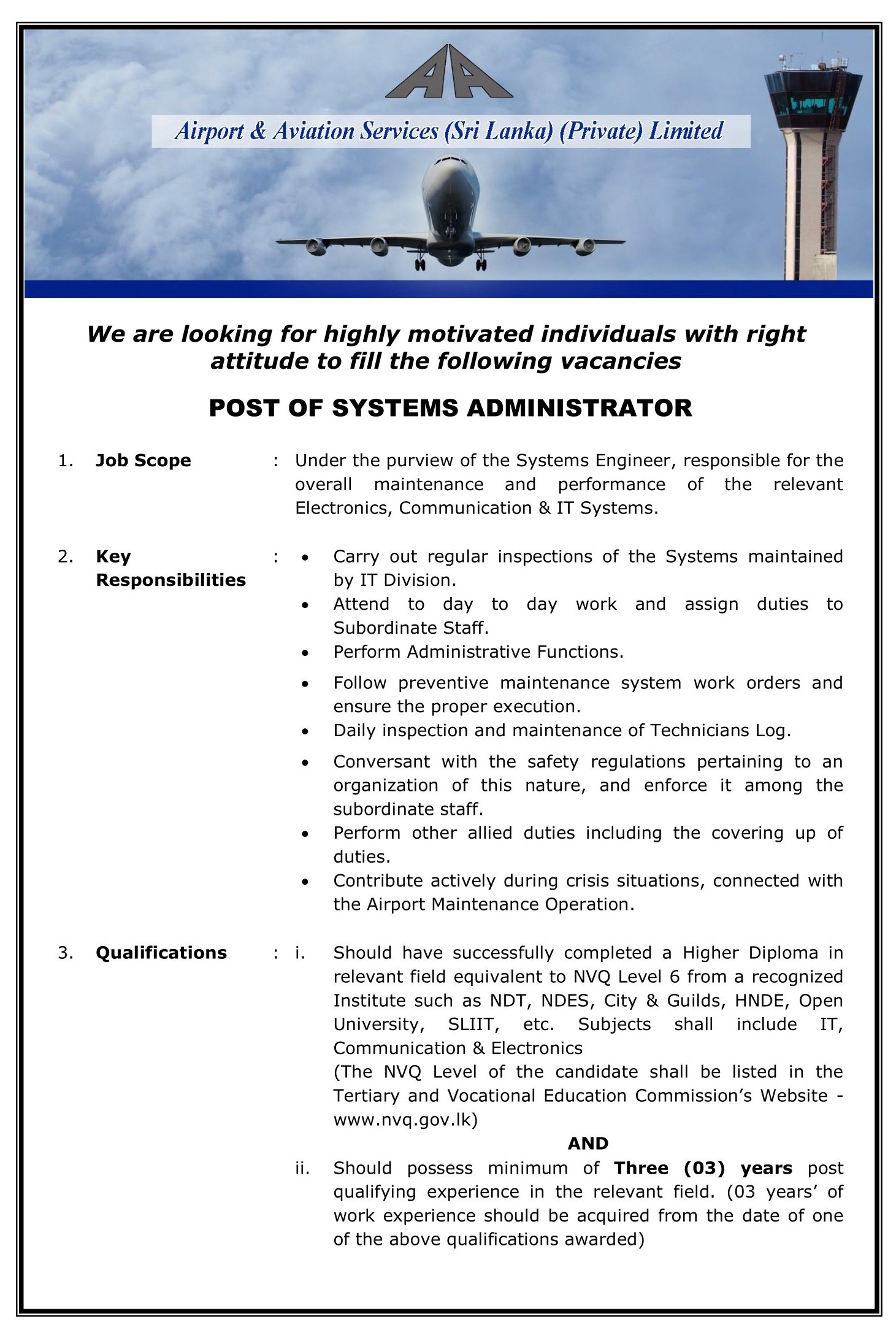 Systems Administrator - Airport & Aviation Services (Sri Lanka) (Private) Limited