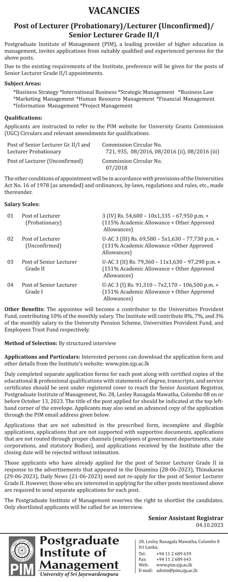 Lecturer, Senior Lecturer - Postgraduate Institute of Management - University of Sri Jayewardenepura