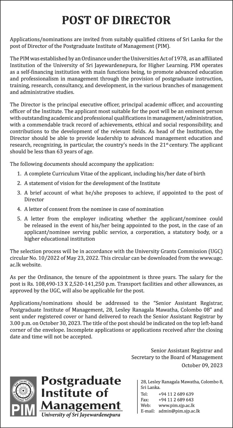 Director - Postgraduate Institute of Management - University of Sri Jayewardenepura