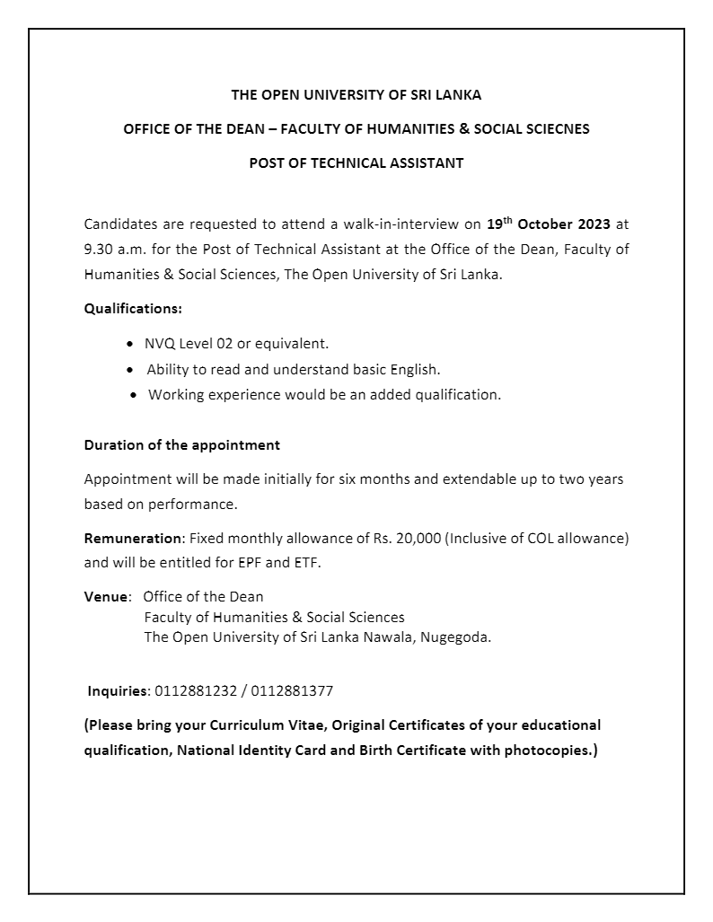 Technical Assistant - The Open University of Sri Lanka