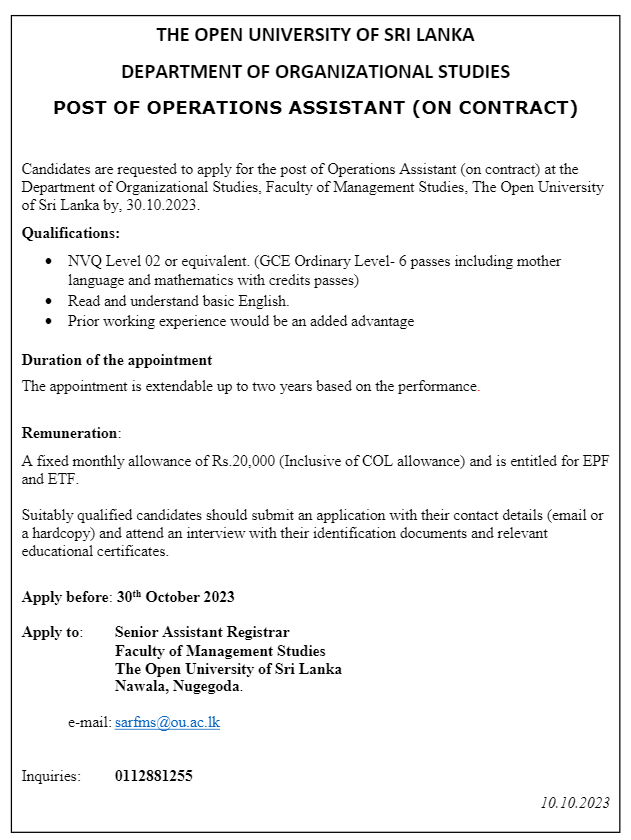 Operations Assistant, Lecturer - The Open University of Sri Lanka