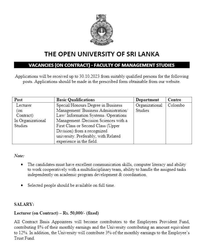 Operations Assistant, Lecturer - The Open University of Sri Lanka