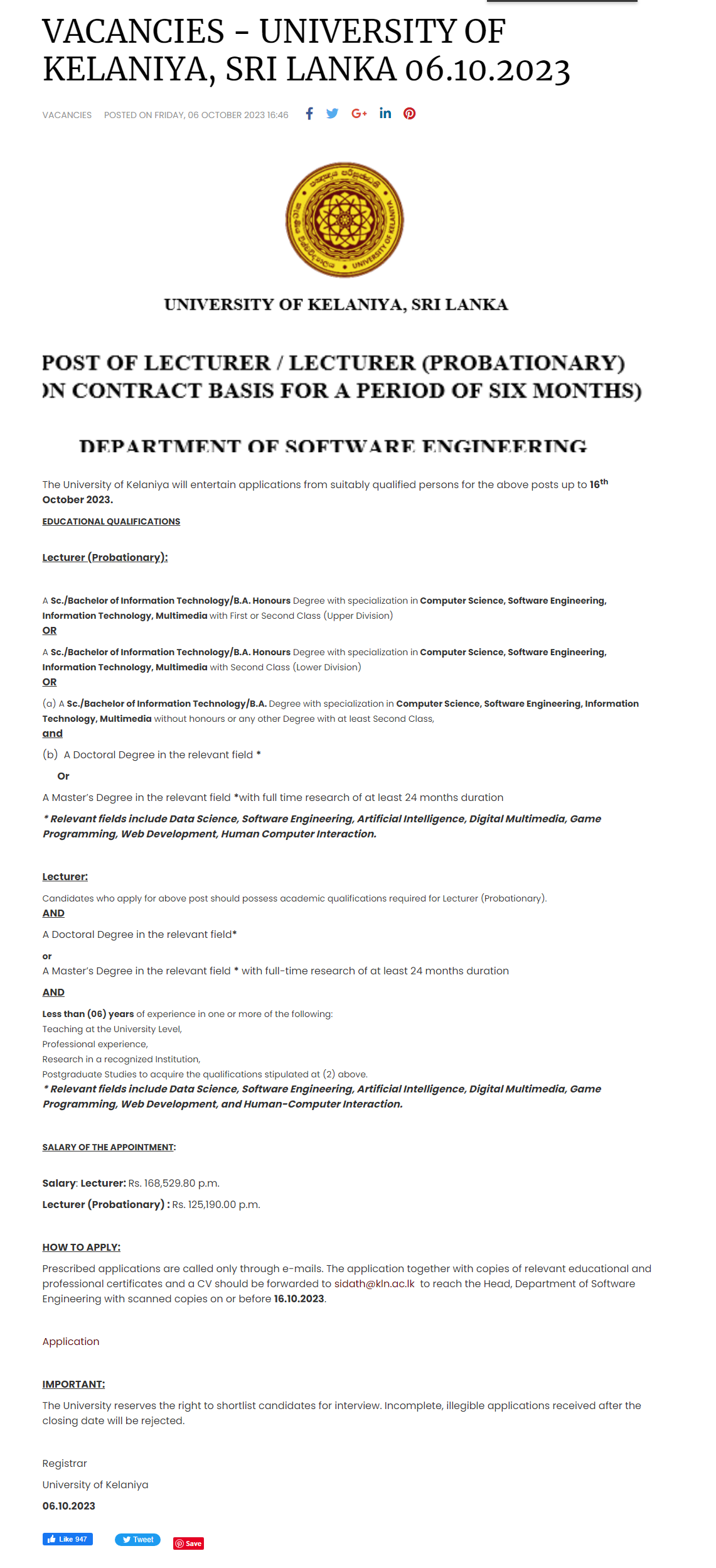 Lecturer - University of Kelaniya