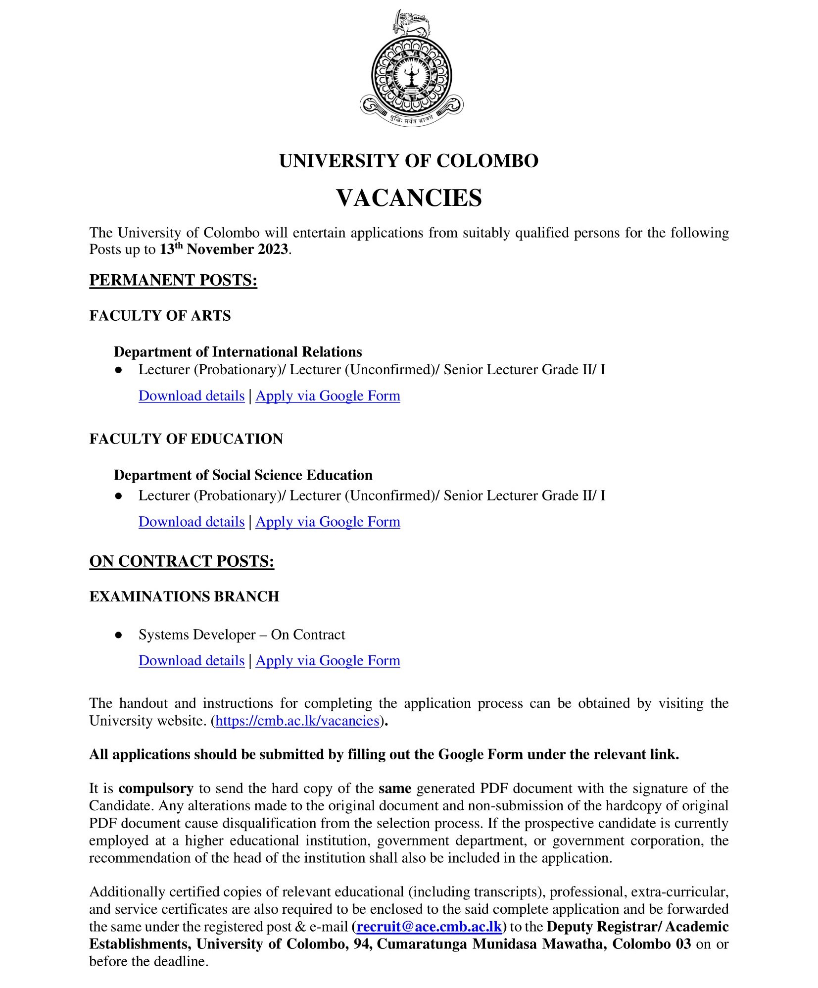 Systems Developer, Lecturer, Senior Lecturer - University of Colombo