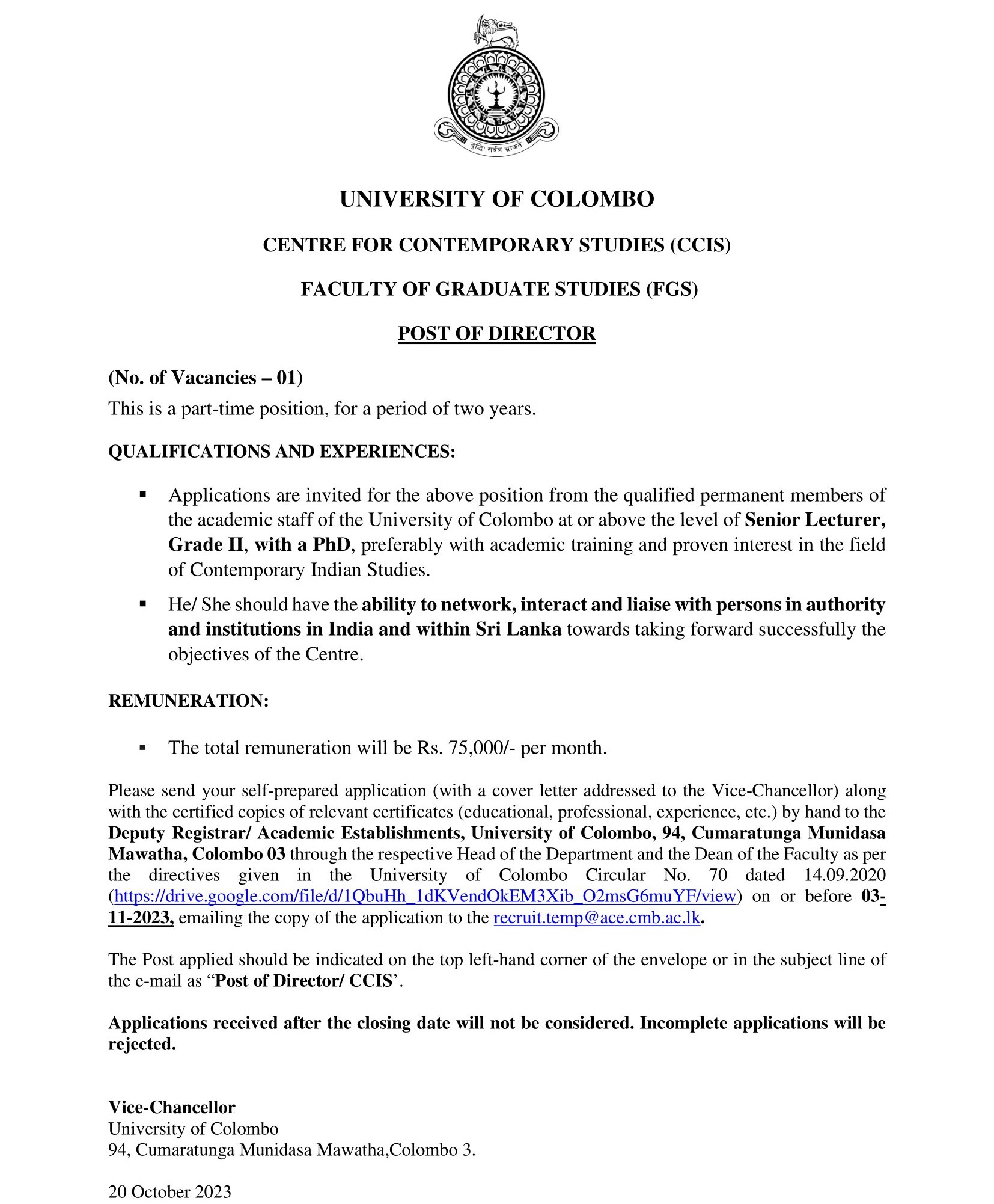 Director - University of Colombo