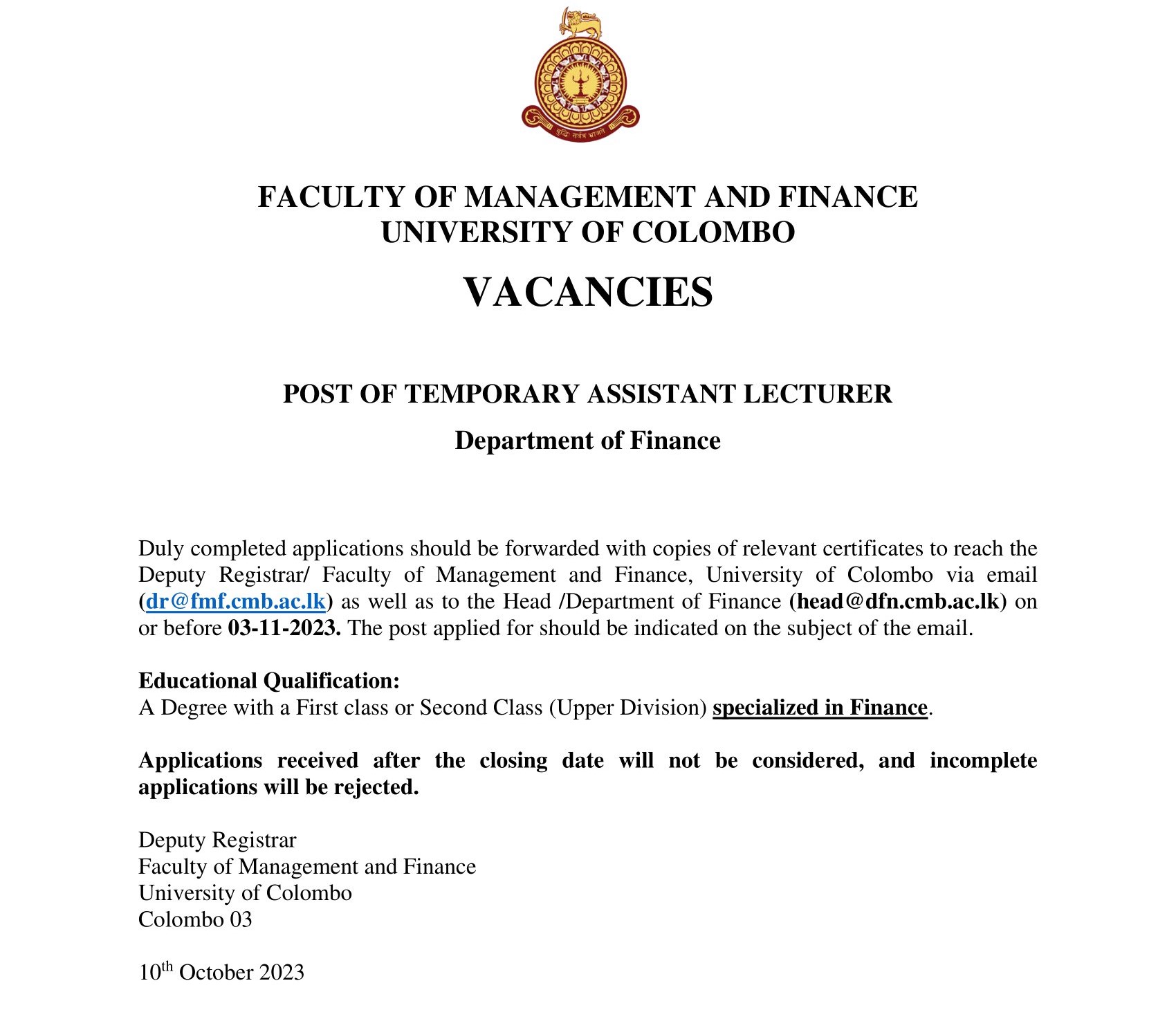 Temporary Assistant Lecturer - University of Colombo