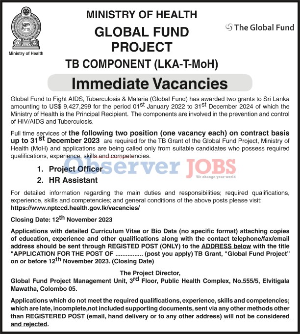 Project Officer, HR Assistant - Ministry of Health 