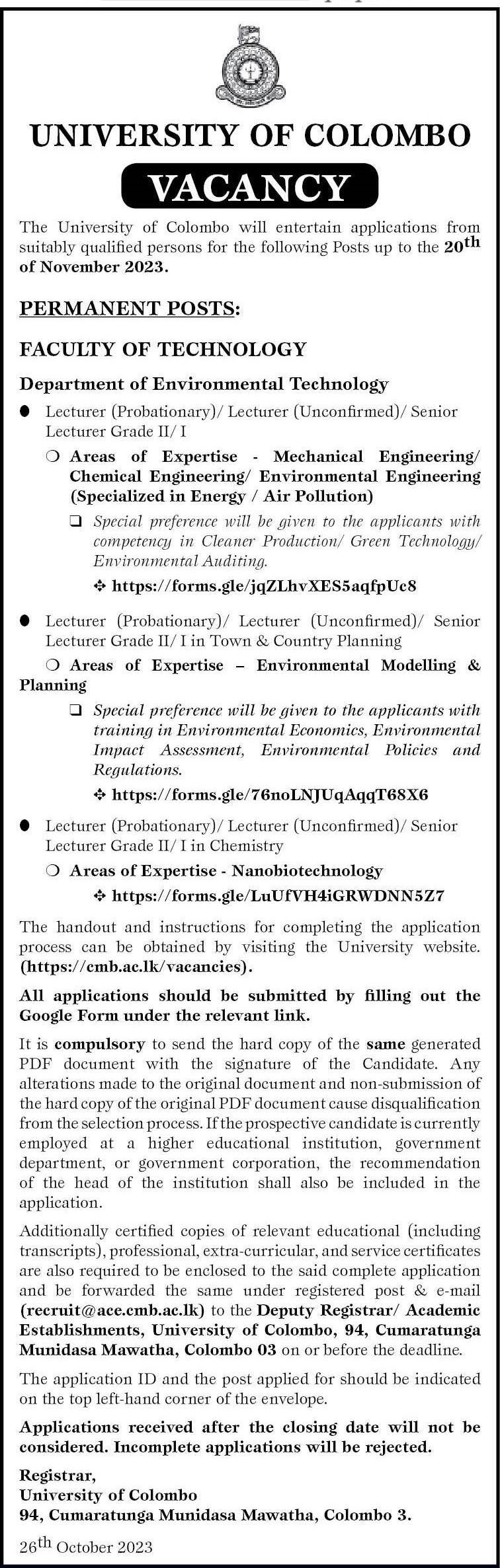 Lecturer, Senior Lecturer - University of Colombo