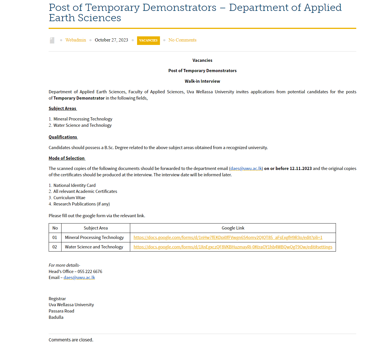 Temporary Demonstrator - Uva Wellassa University